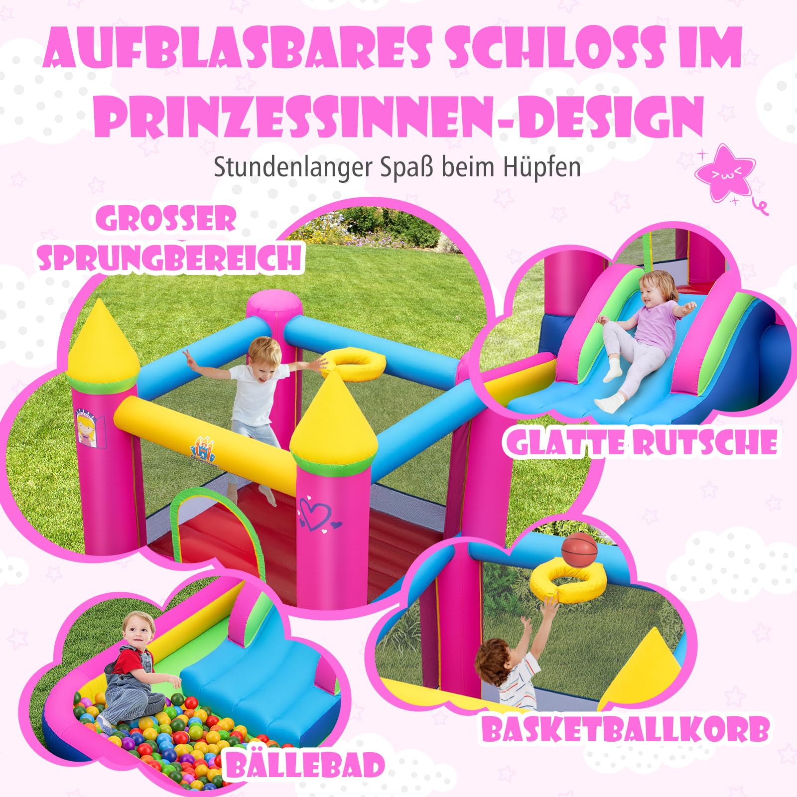 COSTWAY Hüpfburg mit Rutsche, Sprungbereich, Bällebad & Basketballkorb, für Indoor und Outdoor, inkl. Tragetasche, Reparaturset, 363 x 202 x 205 cm
