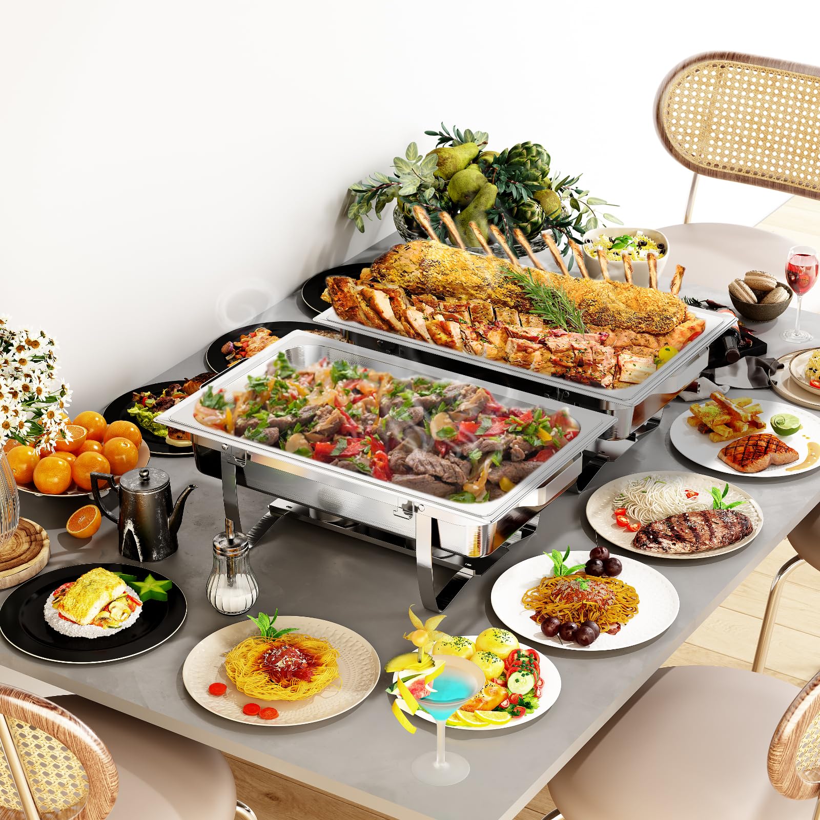 8QT 2Pack Scaldavivande Catering Buffet Set,SS201 Rettangolo scalda vivande Elettrico Professionale, Armadio riscaldante per Alimenti, Cornice Spessa,per Catering, Buffet e Feste,Argento