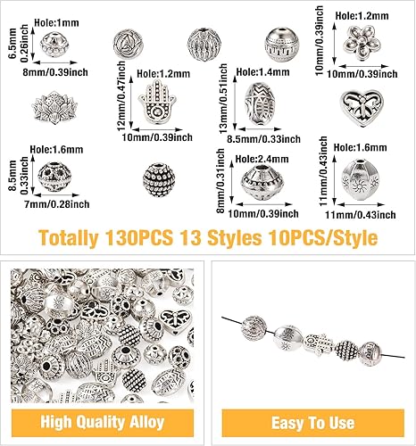 Miniatura 10 de Magibeads 200 cuentas espaciadoras tibetanas de aleación, 20 estilos surtidos de tubos de columna, cuentas de barril retro occidentales, cuentas