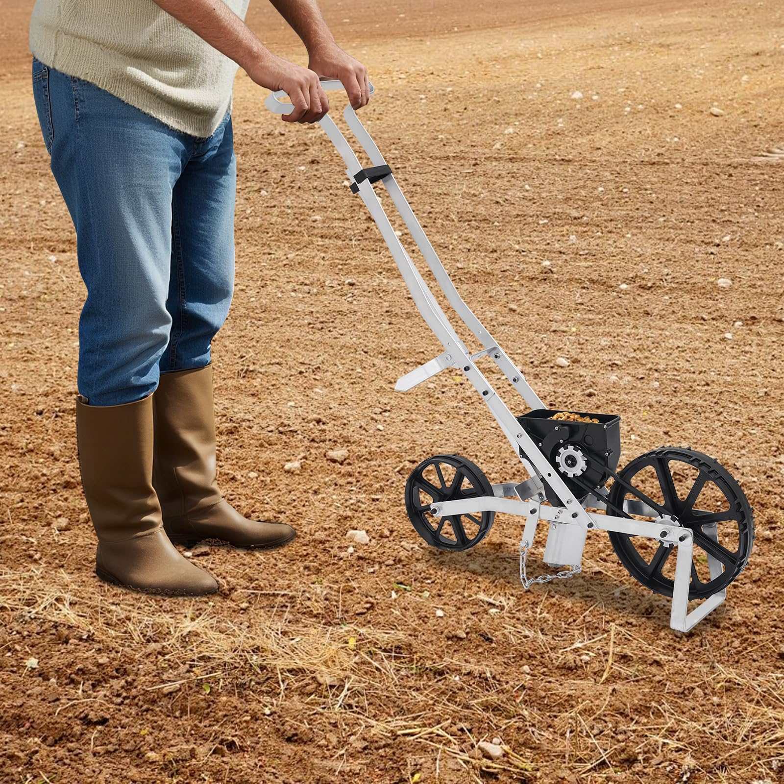 Sembradora manual de aluminio, colador de tambor de guisante, para fertilizante de guisantes con ruedas, fertilizante para césped, adecuado para patios, campos