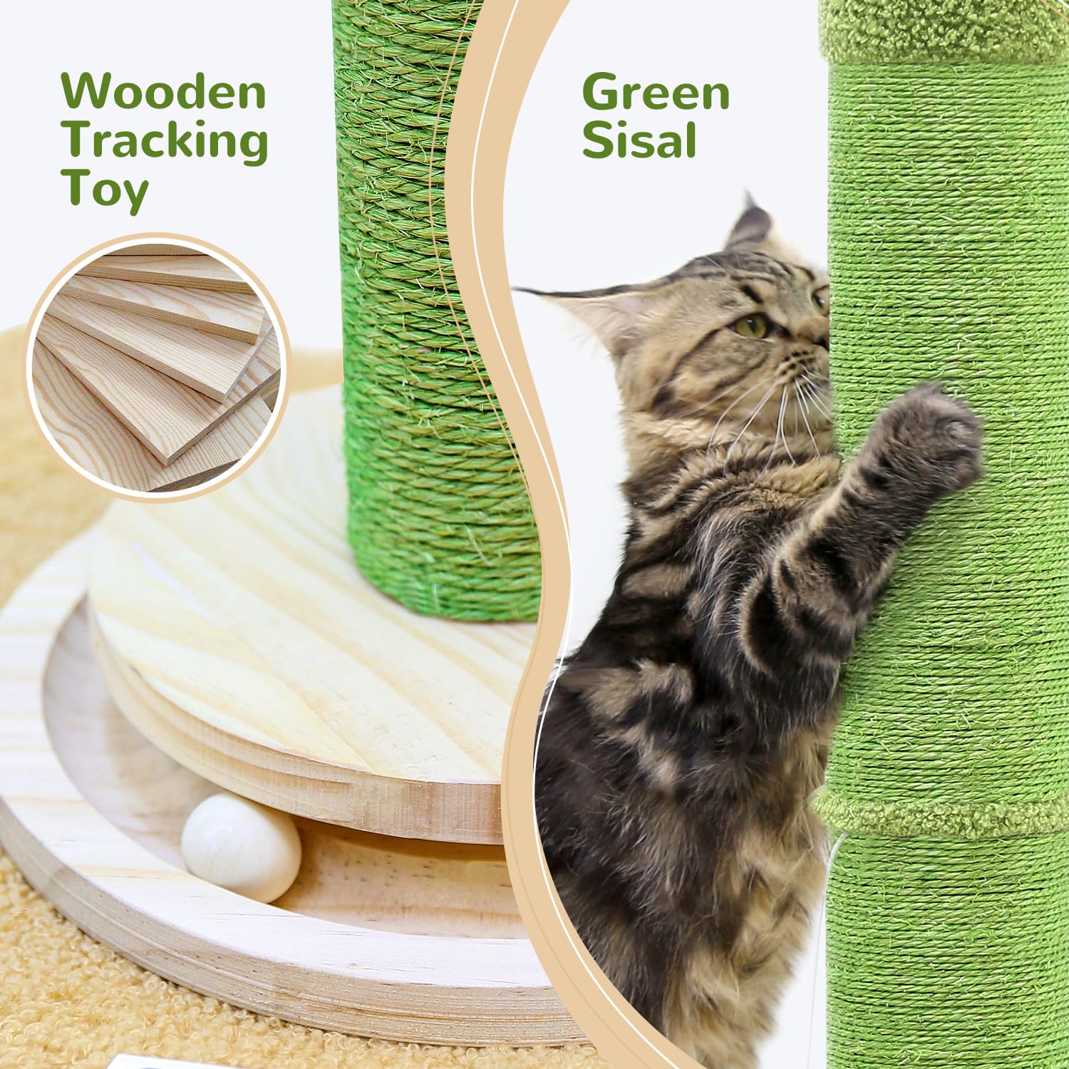 Globlazer Palo Tiragraffi Cactus Verde XXL, Colonne Tiragraffi Grandi Alto 94cm con Trackball Legno Peluche Giocattoli Stabil Base 11CM Palo Tiragraffi Sisal per Gatti Giocare Graffiare (SC37, Verde)