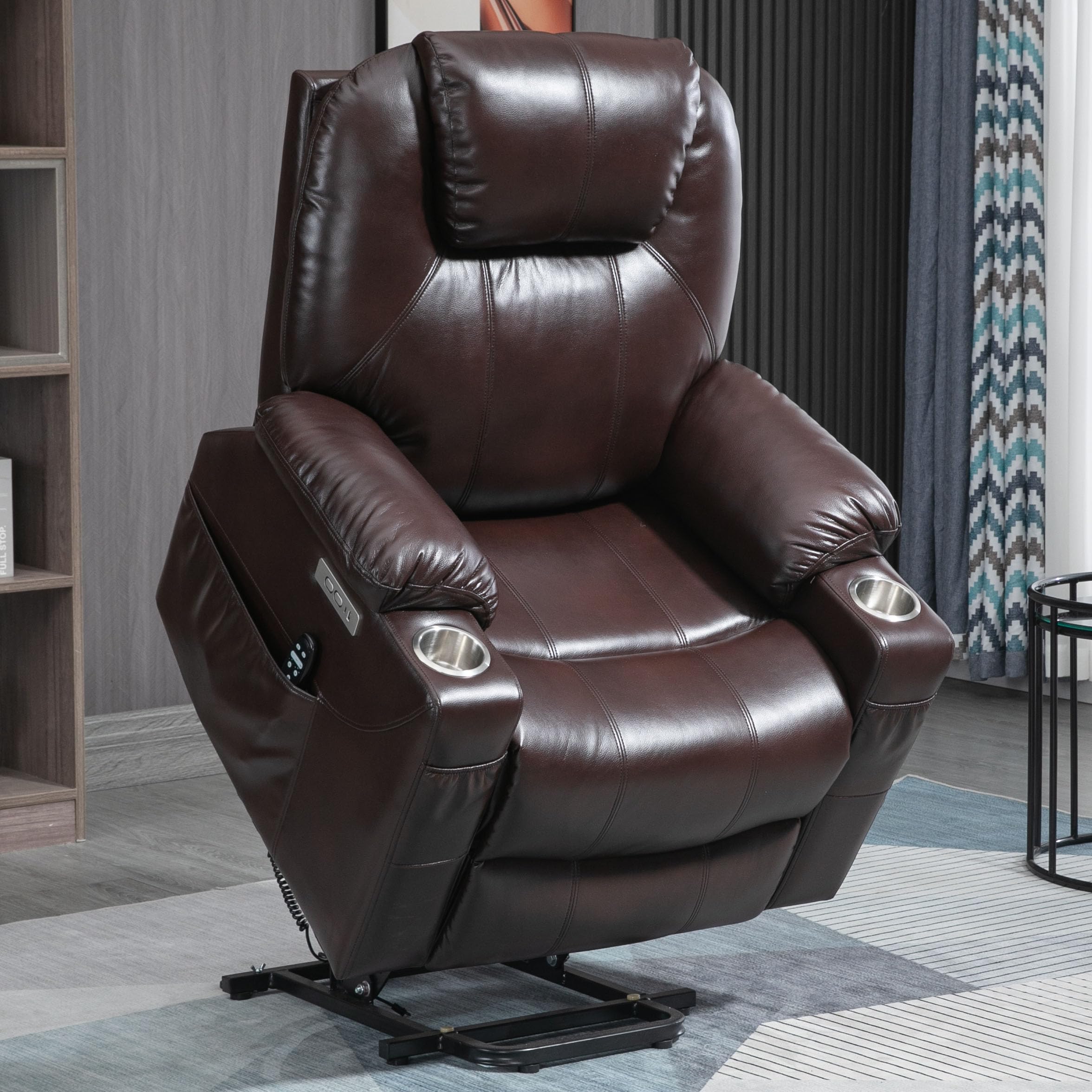 Upgraded Power Lift Recliner with Massage & Heat, Premium OKIN Motor, Overstuffed Chair, Max 155° Reclining, Standing Assistance for Elderly, Stainless Steel Cup Holders, Breathable Leather Brown