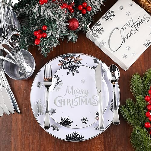 Miniatura 2 de Sliner Juego de 230 platos de plástico desechables de Navidad de 7 y 9 pulgadas, platos plateados de plástico de copo de nieve con servilletas de