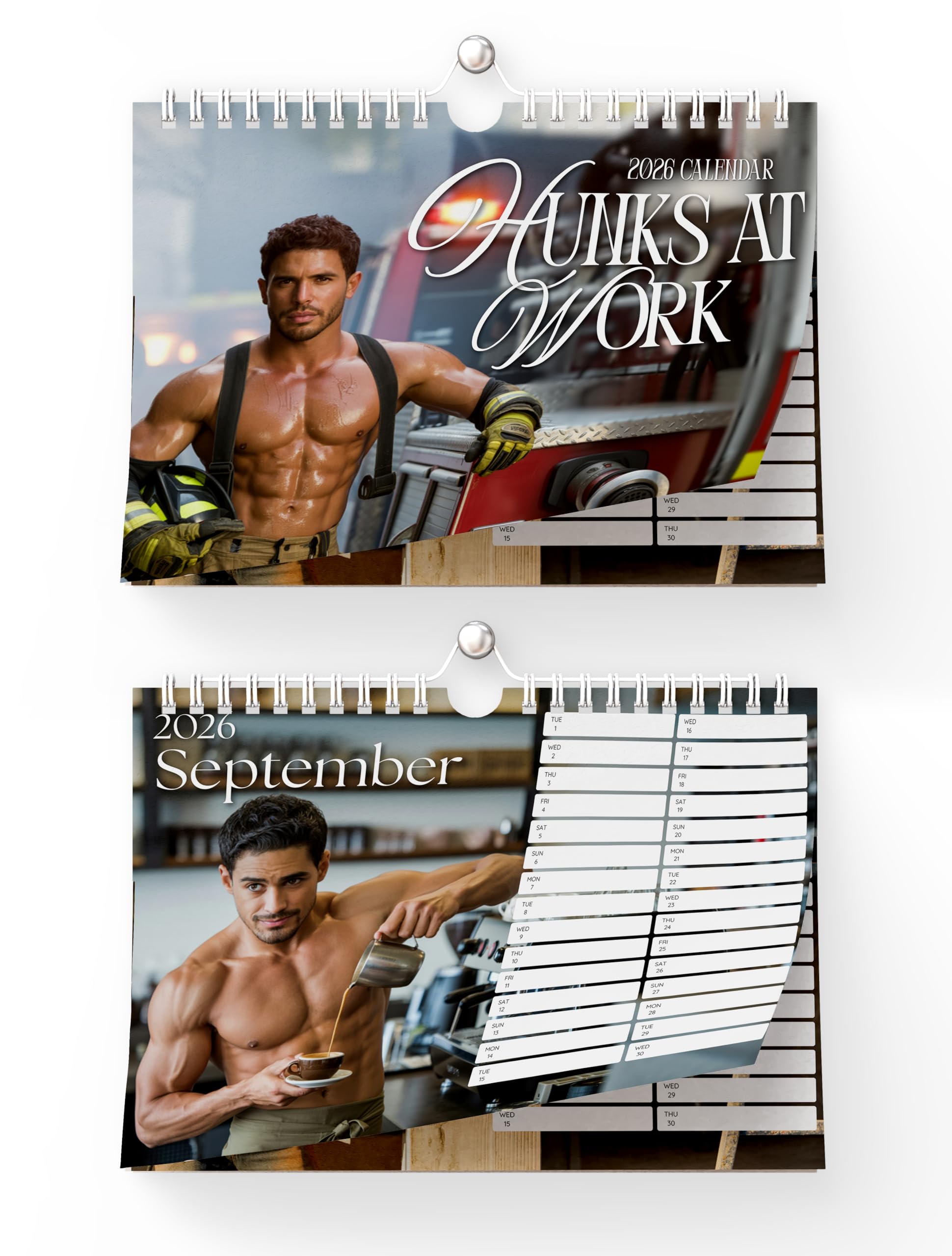 Hippowarehouse Hunks at Work Calendar 2026 A4 Photos of Men Like Pilot Firefighter With Muscles Funny Gift for Woman Birthday Wall Planner
