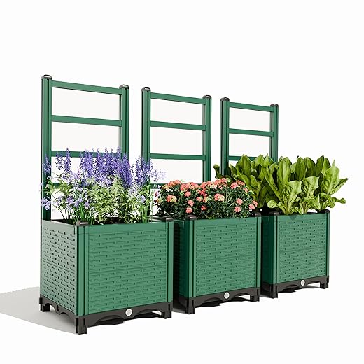 Outdoor Raised Garden Bed - Stackable Vertical Planter with Trellis for Vegetables & Flowers | Durable Resin, Tool-Free Assembly | Perfect for Balcony, Patio, Deck (47.24" H)