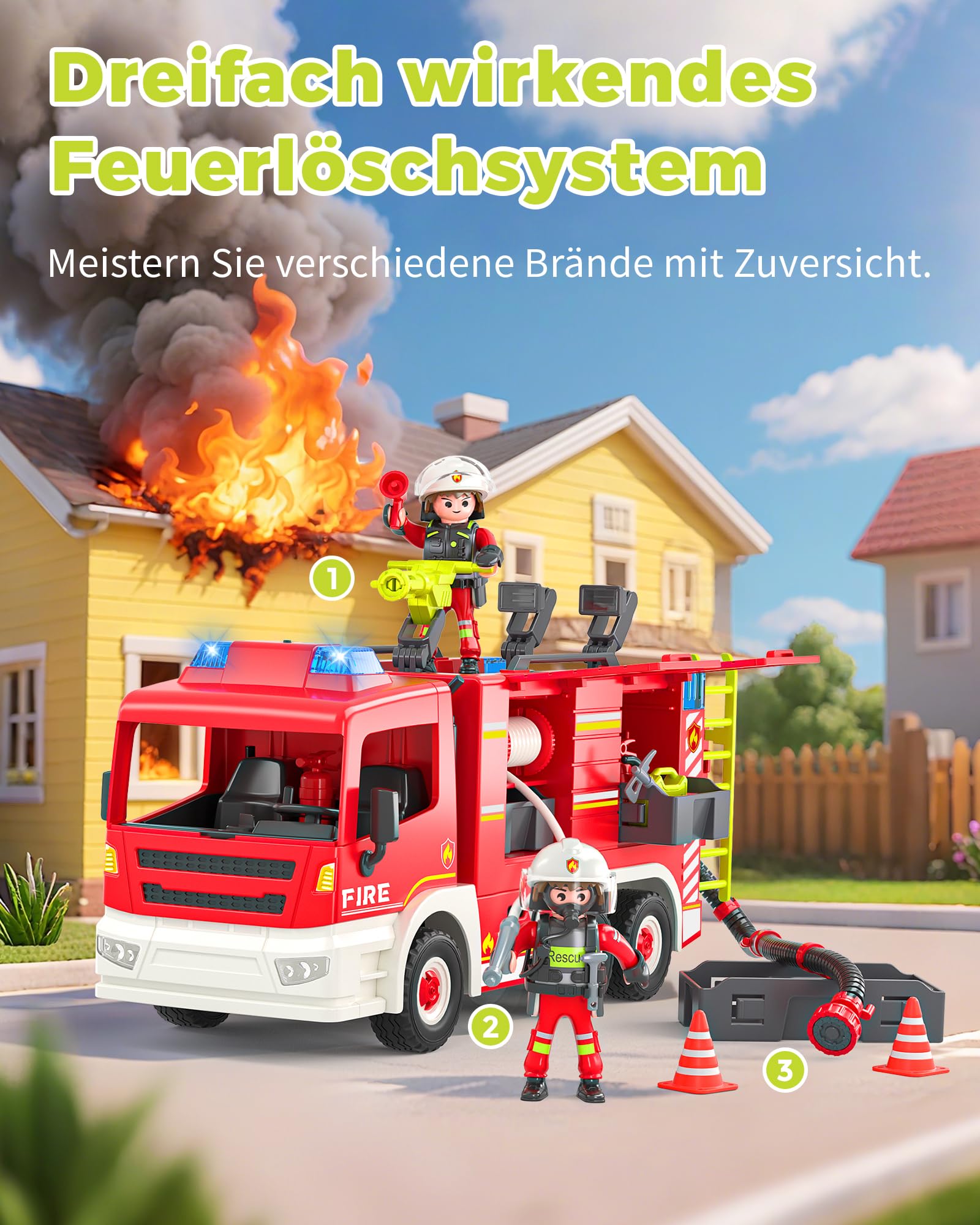 Coroiesty Feuerwehrauto Spielzeug ab 4 Jahre, Große Feuerwehrwagen mit 2 Feuerwehrleuten & Werkzeug, Licht & Sirene, pädagogisches Rettungsfahrzeug für Kinder Jungen Mädchen