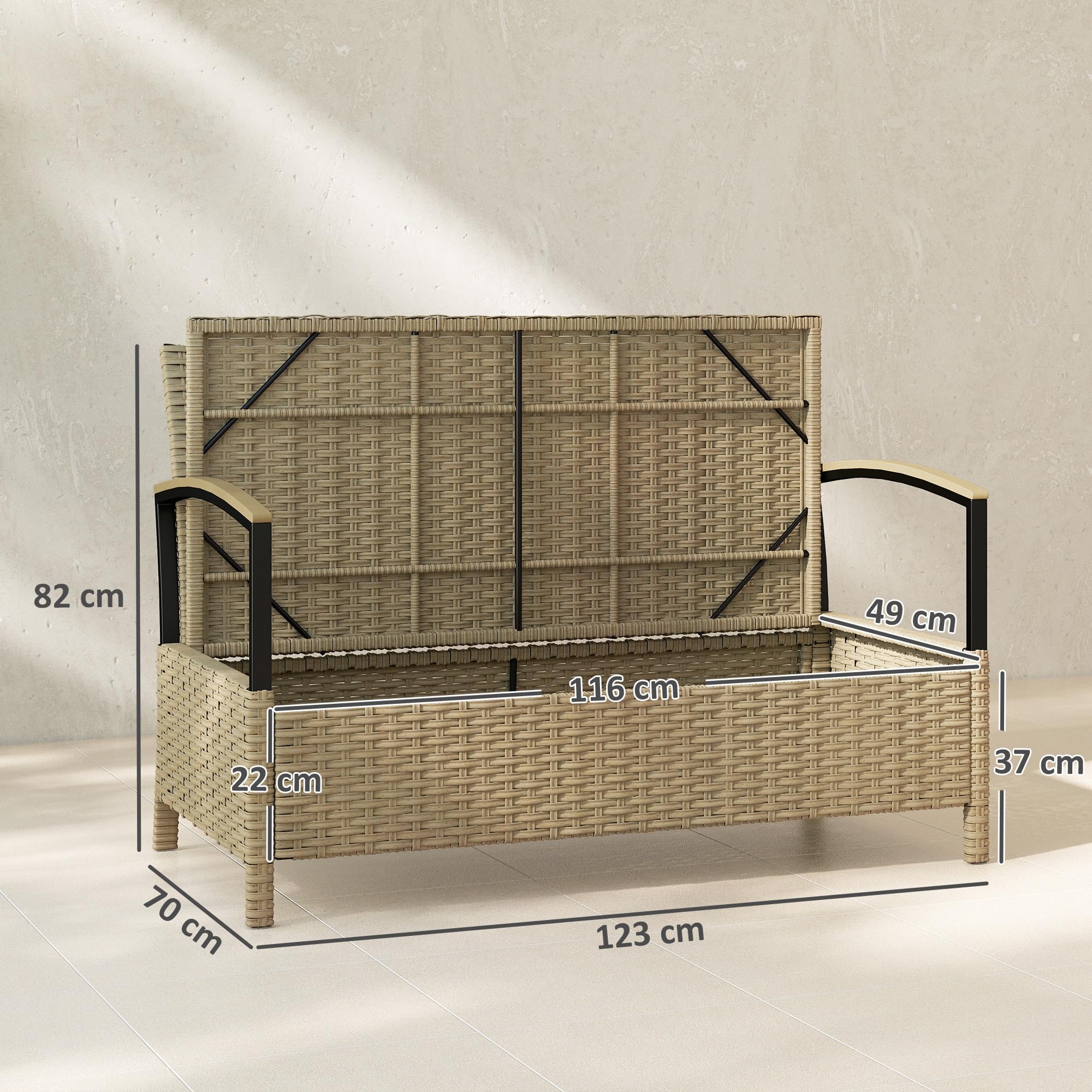 Outsunny Baule da Esterno, Panca Contenitore da Giardino 125L, Divanetto 2 Posti in Rattan PE con Cuscino Imbottito, Struttura in Metallo per Patio, Giardino e Balcone, Cachi
