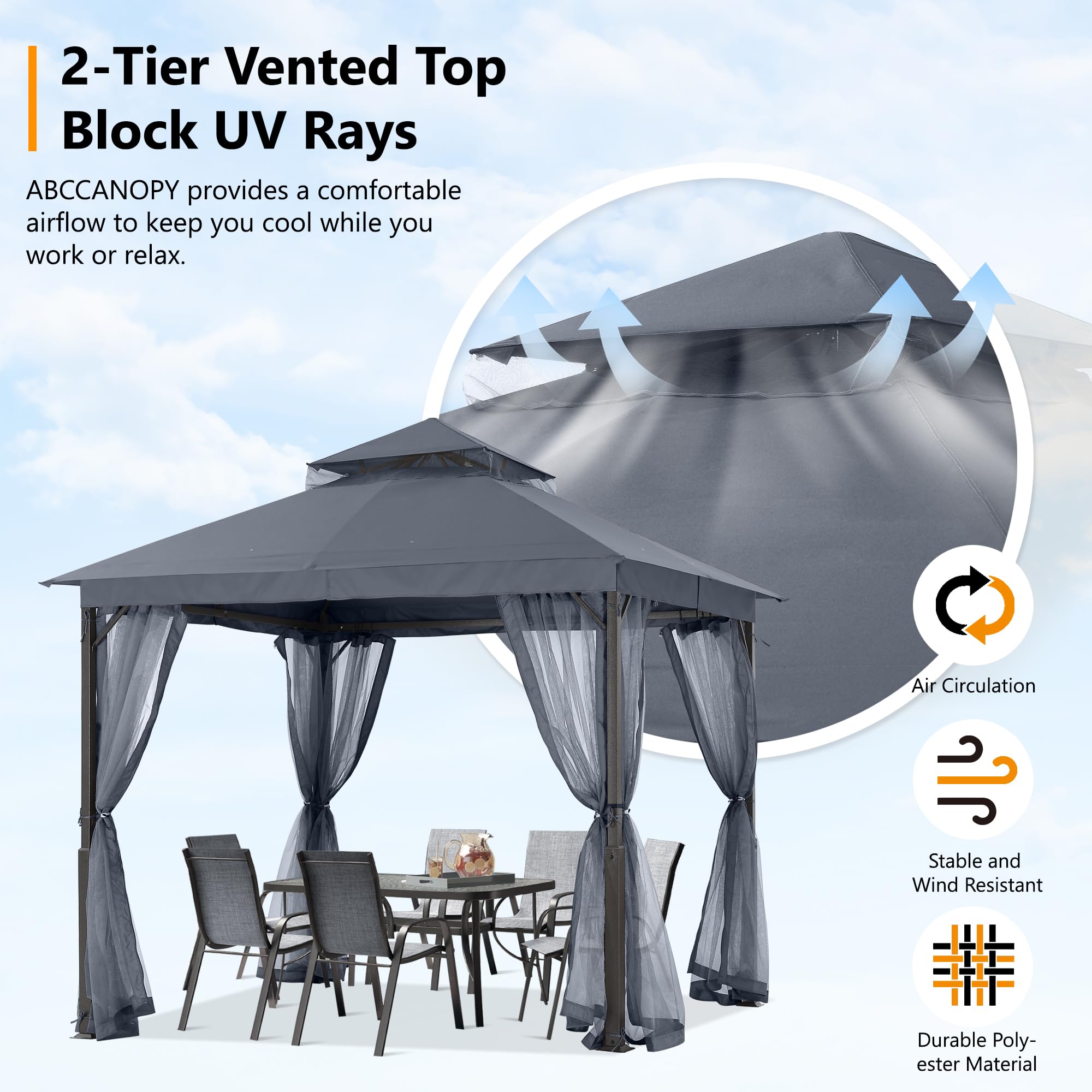 ABCCANOPY Abri de Jardin pour terrasse de 2,4 x 2,4 m – Structure en Acier avec moustiquaire pour pelouse, Jardin, terrasse (Gris foncé)