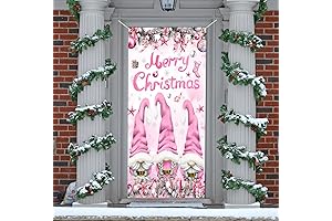 Pink Gnome Christmas Door Cover, Merry Christmas Banner, Front Door Welcome Signs