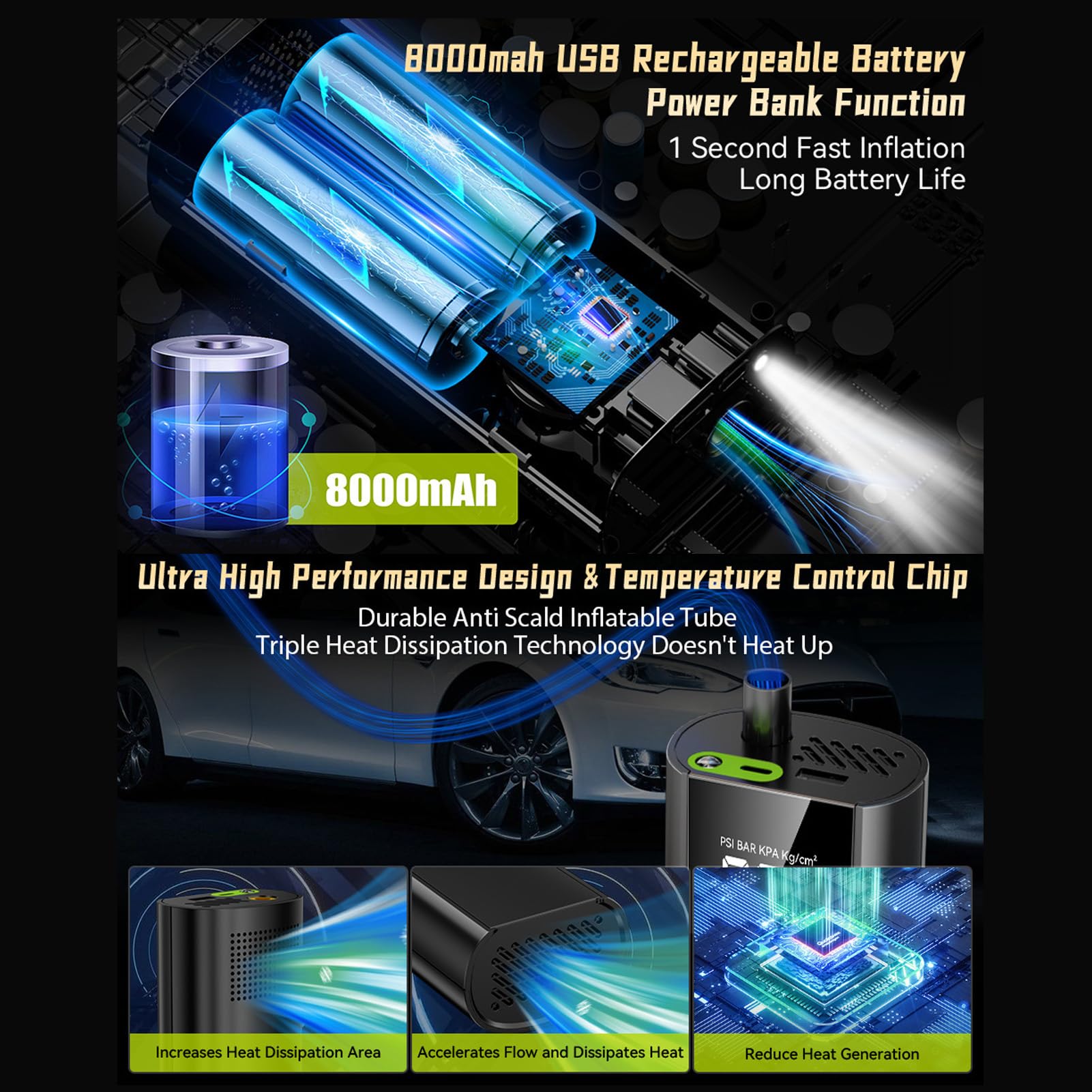 Hyuduo 8000 MAh Inflador de Llantas para Automóvil con Medidor de Presión, Pantalla LCD, Luz LED y Banco de Energía, Inflación Rápida para Motocicletas, Bicicletas y Otros Inflables