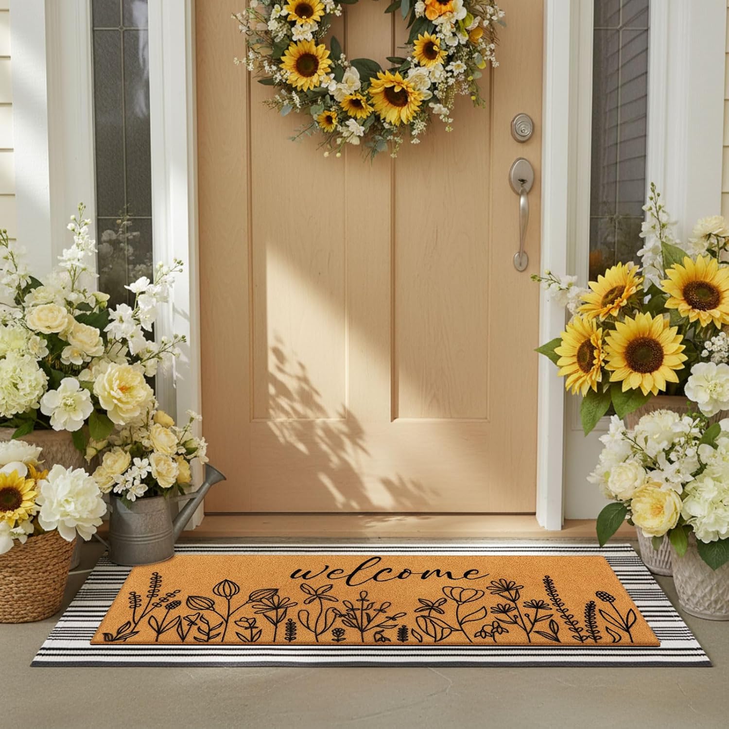 Tinideya 2 Pcs Spring Door Mat 17"x47" Wildflowers Welcome Non Slip Coir Mats Black White Plaid Large Floor Layering Flowers Doormats for Front Porch Entryway Decor