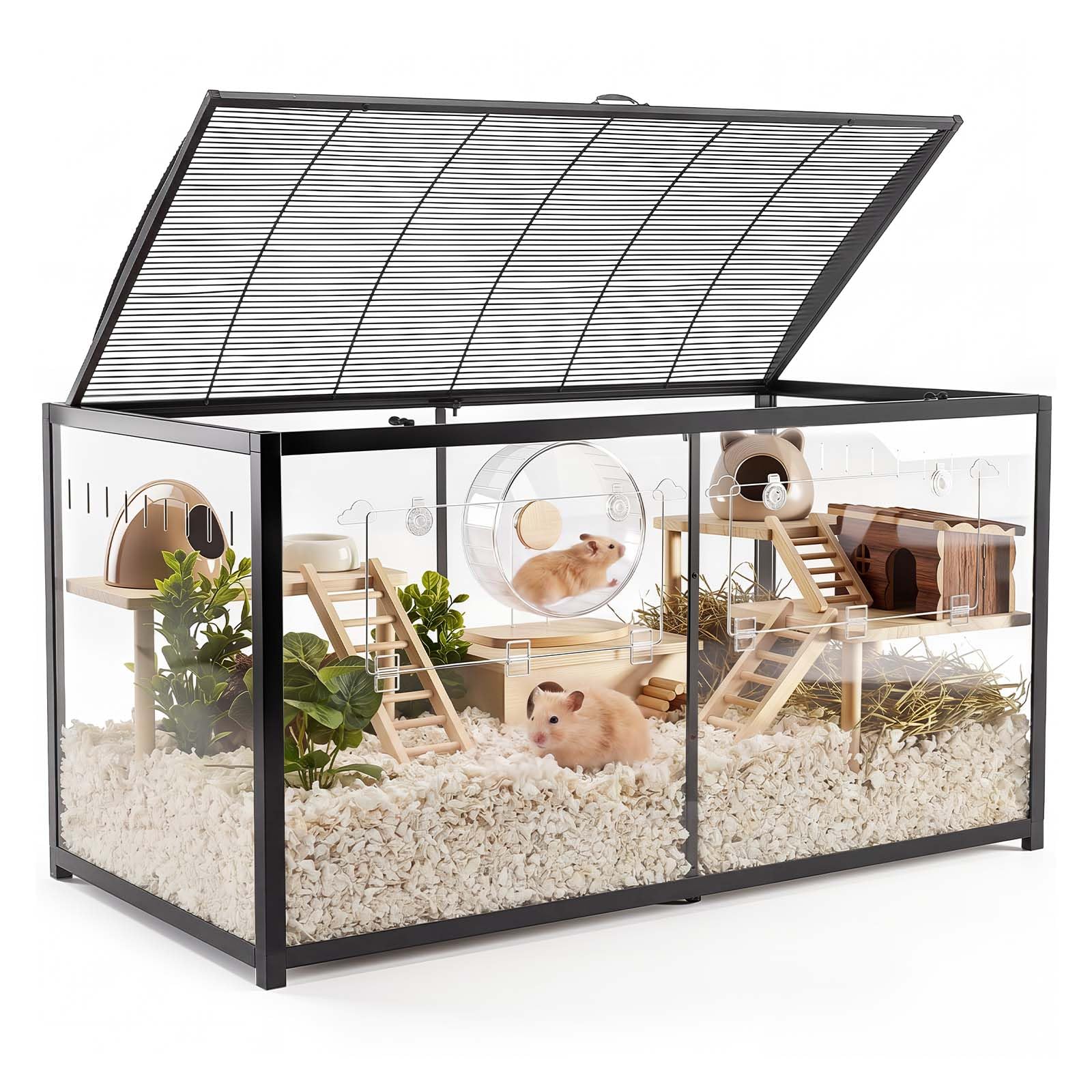 VEVOR Cage Hamster 120x60x64,5 cm 0,7 m² Habitat Rongeurs en Métal Vue 360° | Pour Gerbille, Cochon d'Inde, Petit Animal, Accès par Haut, Porte Frontale, Cadre Noir, Panneaux en Acrylique Transparent