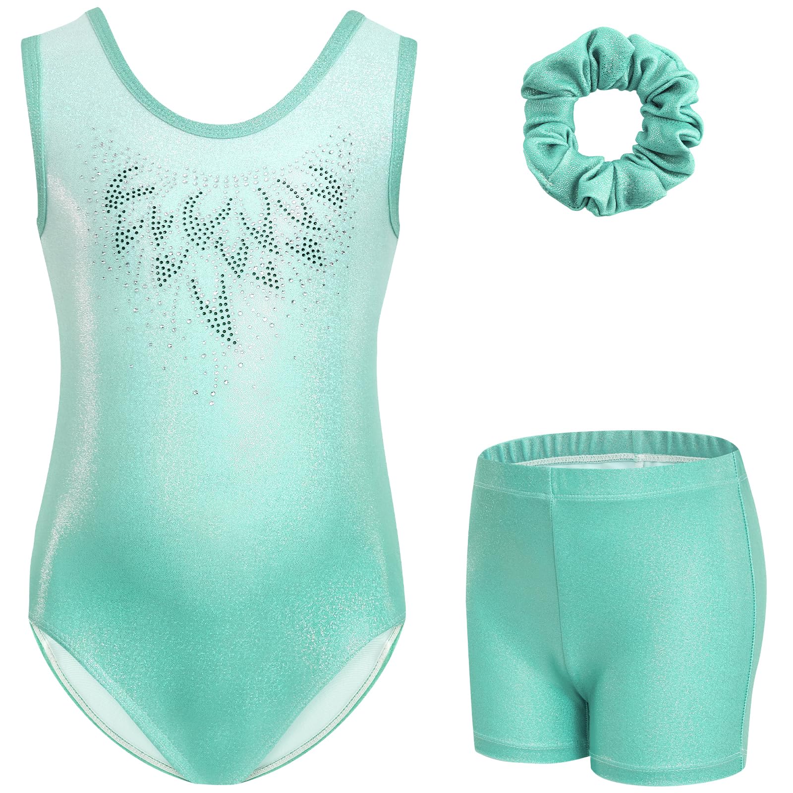 Gogokids Conjunto de gimnasia de tres piezas para niña, cuello en Y, sin mangas, con pantalones cortos y diadema, traje de gimnasia con diseño de bloques de color azul y morado, 3-12 años — view 33