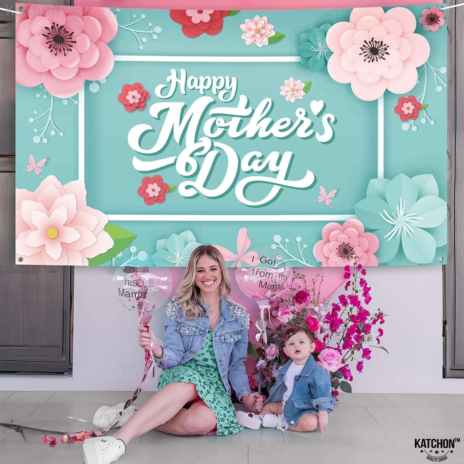 KatchOn, Happy Mothers Day Banner - XtraLarge, 72x44 Inch | Happy Mothers Day Poster Banner | Pastel Teal Mothers Day Backdrop for Happy Mothers Day Decorations | Happy Mothers Day Sign