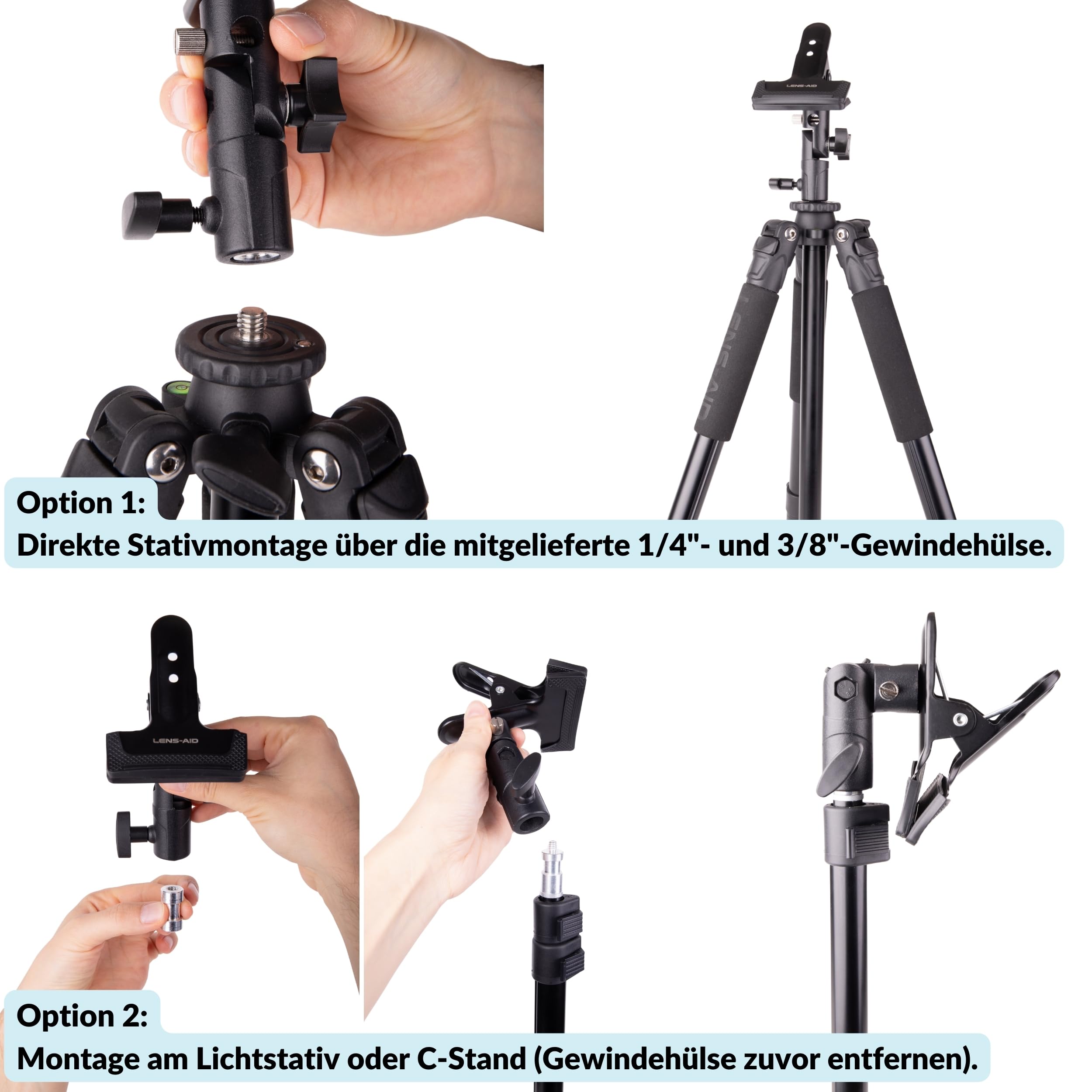 Lens-Aid Reflektor-Klemme fürs Fotostudio: Stativ Halterung aus Metall für Lichtreflektoren und Foto-Hintergründe inkl. 1/4" & 3/8" Gewinde-Adapter