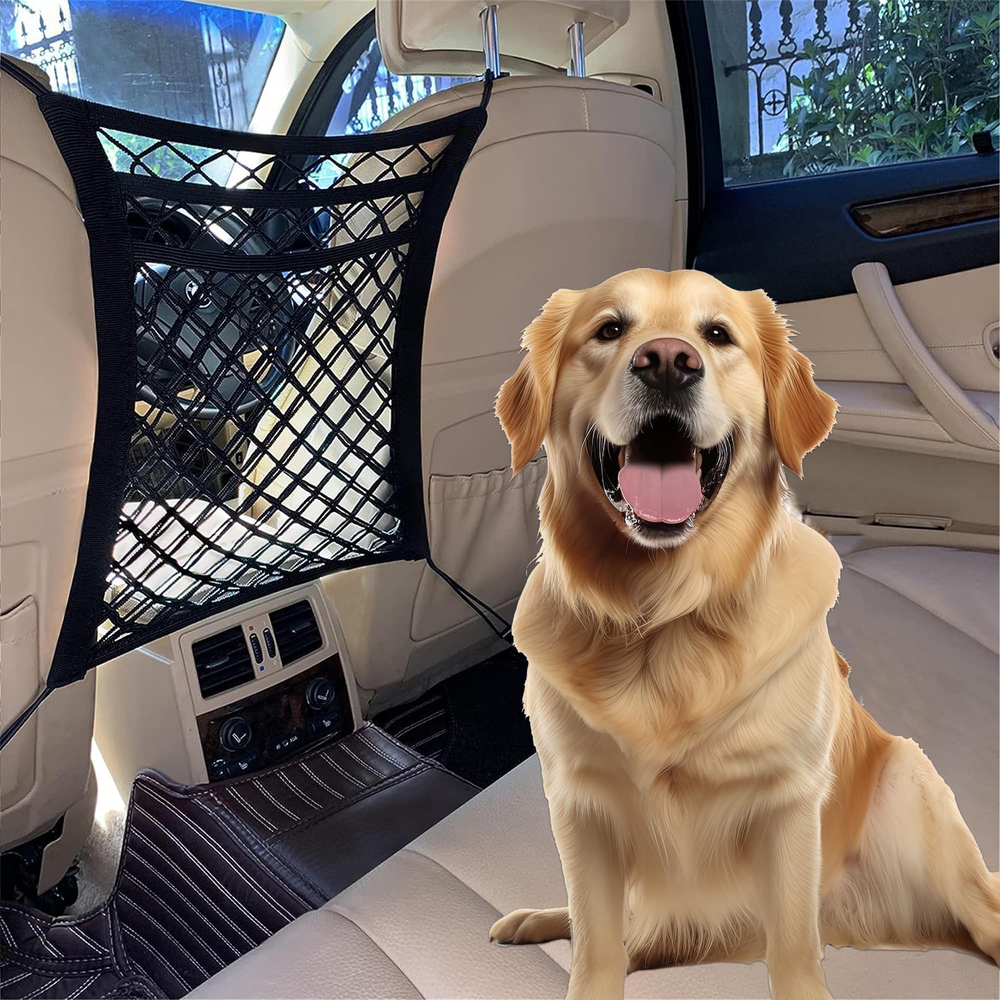 Petsplicity Dog Car Net Barrier Pet Barrier with Auto Safety Mesh Organizer - Stretchable Storage Bag - Universal Fit for Cars and SUVs - Easy Install
