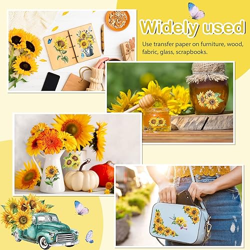 Miniatura 6 de 9 hojas de transferencia de girasol para muebles y manualidades, Acción de Gracias, Navidad, calcomanías de transferencia de flores, calabaza,