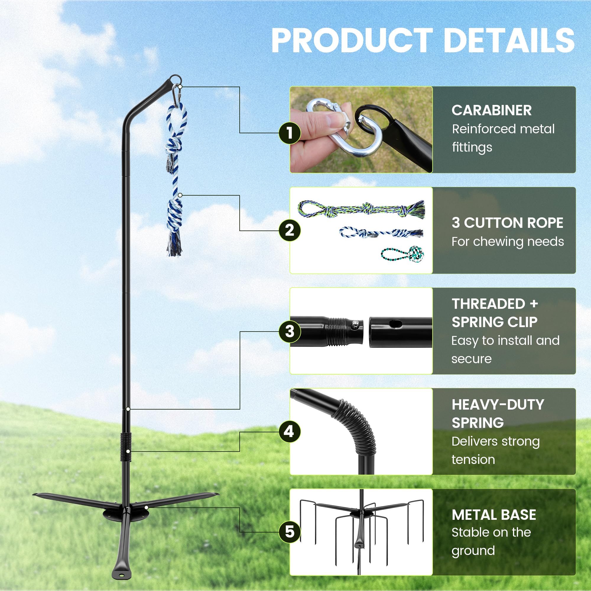Outdoor Tether Tug Hundespielzeug mit verstellbarer Höhe 63,5 cm - 137,2 cm, interaktives Tauziehspielzeug für kleine bis große Hunde, langlebiges selbstspielendes Hundespielzeug mit 3