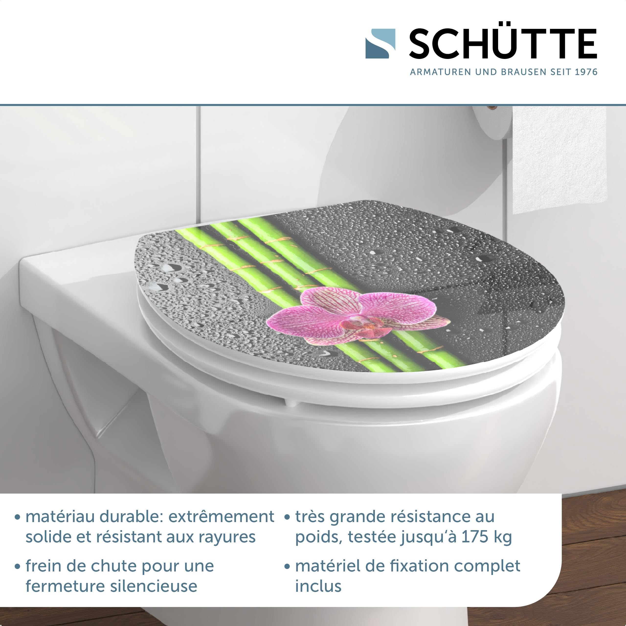 Schütte ASIA 80521, Abattant WC HIGH GLOSS avec noyau en bois (MDF) et système d'abaissement automatique, compatible avec la majorité des cuvettes WC, motif