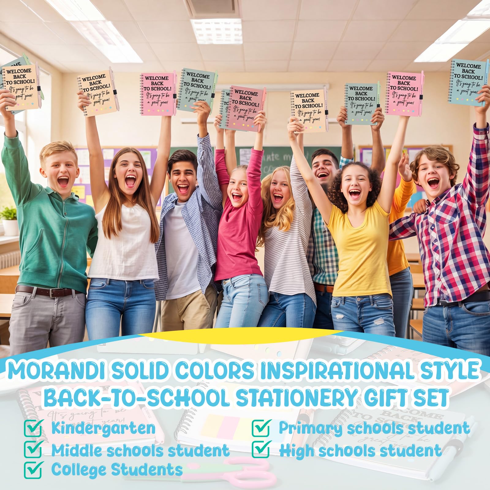 Dunzoom 40 cuadernos de bienvenida para el regreso a clases, 20 cuadernos para el primer día de escuela, con pestañas adhesivas, 20 bolígrafos inspiradores para recompensa para profesores y