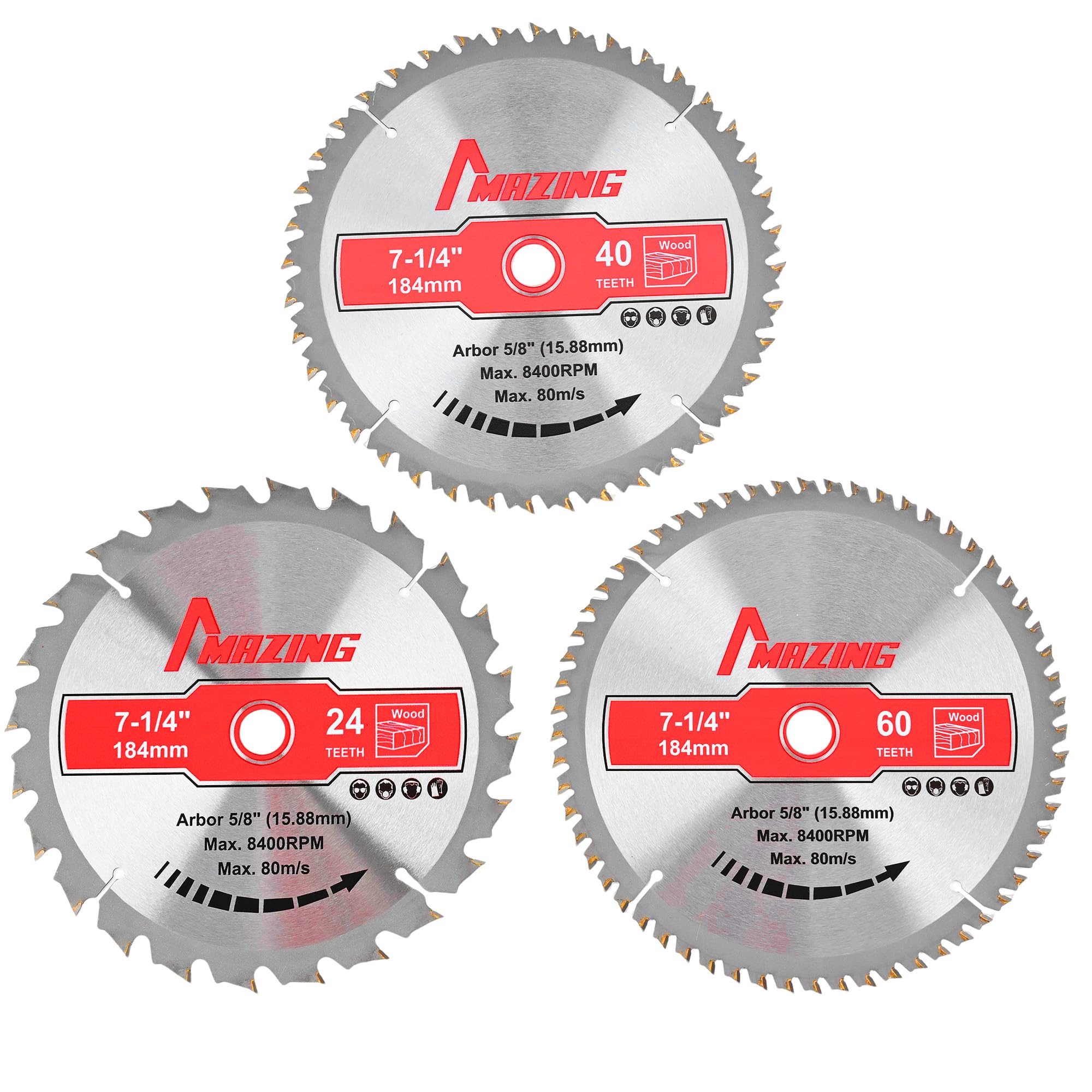 MAZING 3-Piece 7-1/4 Inch 24T&40T&60T Circular Saw Blades, 7.25 Inch TCT Compact Saws Blades with 5/8" Arbor, ATB Design for Precision Woodworking,