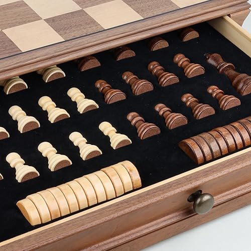 Miniatura 5 de REEIVER - Juego de ajedrez de madera de 15 pulgadas con cajón de almacenamiento integrado, juegos de mesa de ajedrez y damas 2 en 1 para adultos y