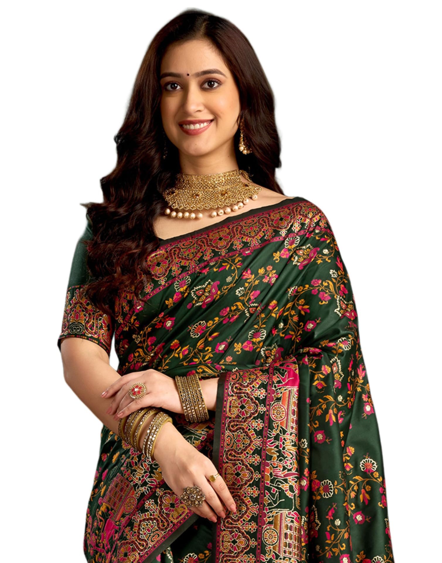 SIRIL Women's Silk Kashmiri Minakari Jacquard Saree With Unstitched Blouse Piece