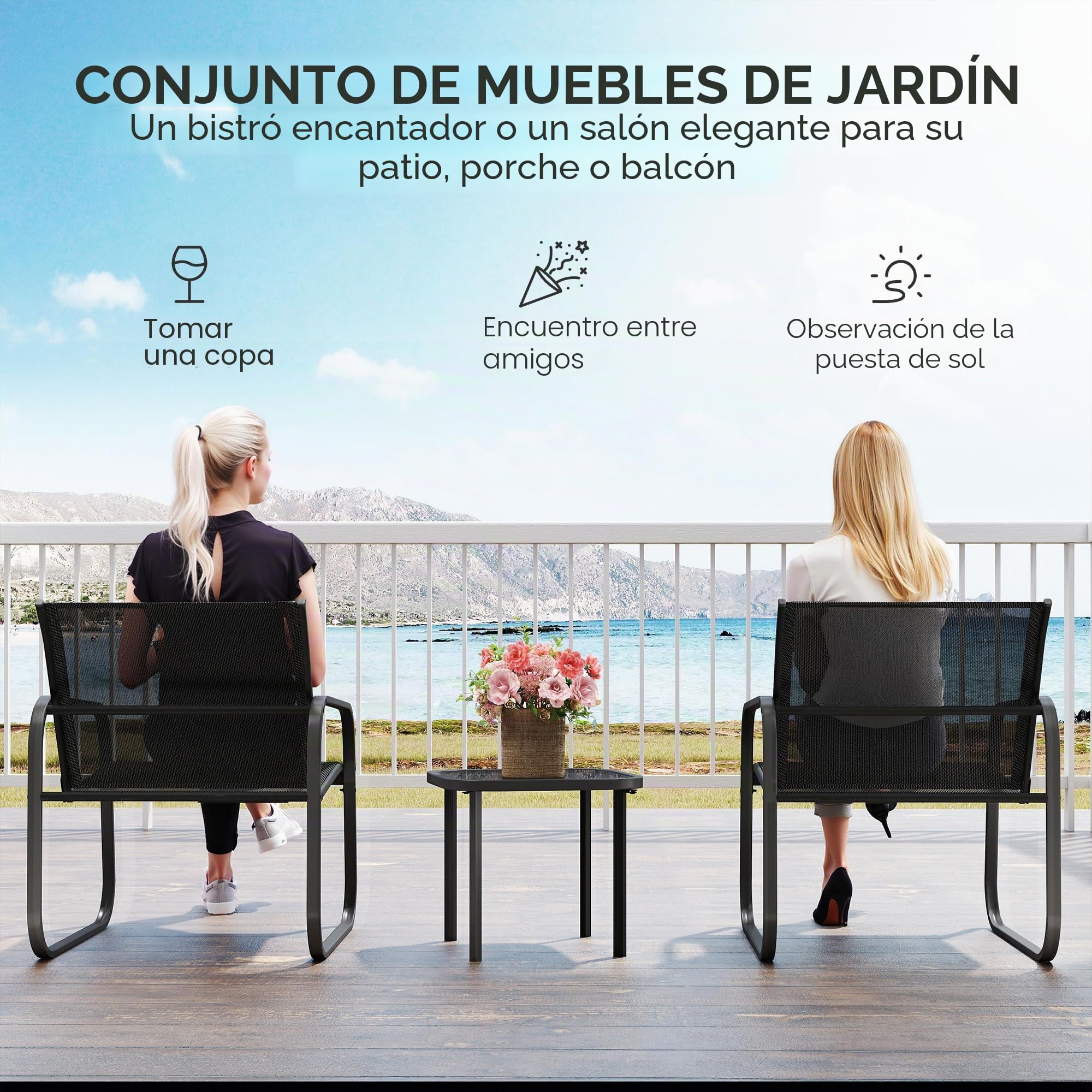 Outsunny - Juego de bistró de jardín (3 piezas, salón de jardín al aire libre, 2 personas, con 2 sillas de malla y mesa de centro de vidrio templado, muebles de jardín, terraza, balcón y porche, color | Salón de jardín al aire libre, sillas de malla, mesa