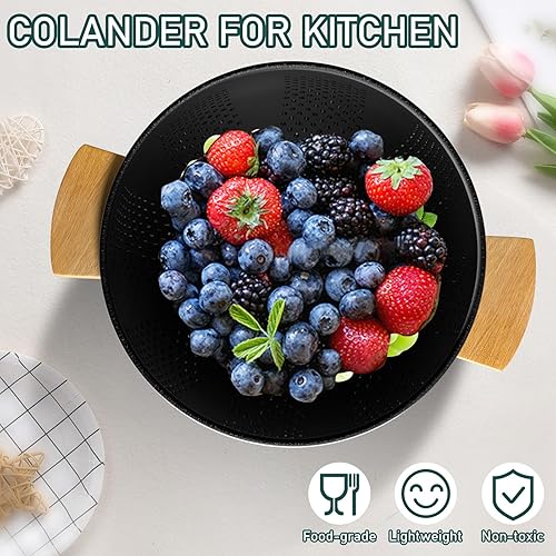 Miniatura 6 de Colador de metal con mango de madera de bambú, colador grande de 6 cuartos de galón con base autodrenante, cuenco colador de cocina para pasta,