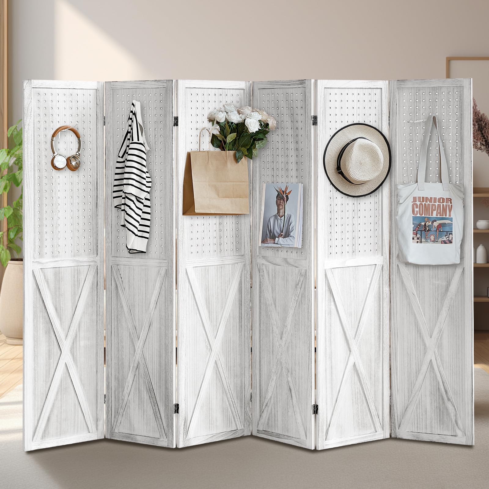 Amazon.com: ALeesing 6 Panel Room Divider, 5.6Ft Pegboard Display Wood ...