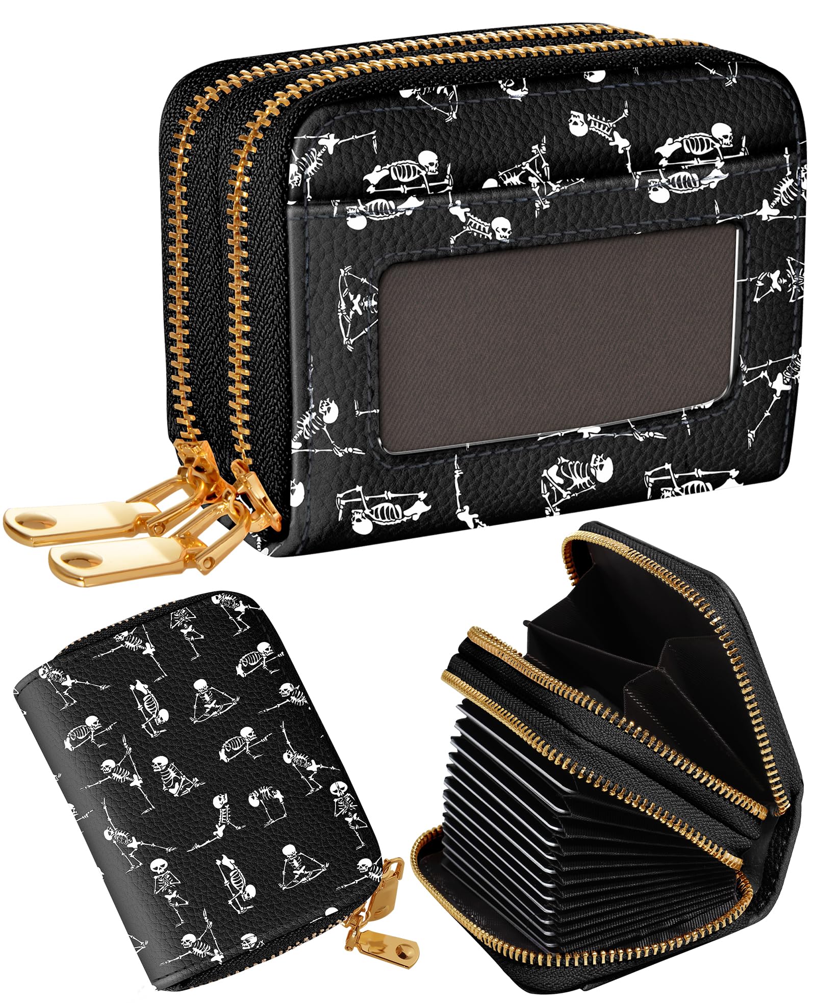 Miss AdolaCredit Card Holder for Women - RFID Women Wallet Leather Card Wallet for Ladies Girls Female Aesthetic Cute Wallet with Card Slots Coin Cash Zipper Purse & ID Window, Yoga Skull