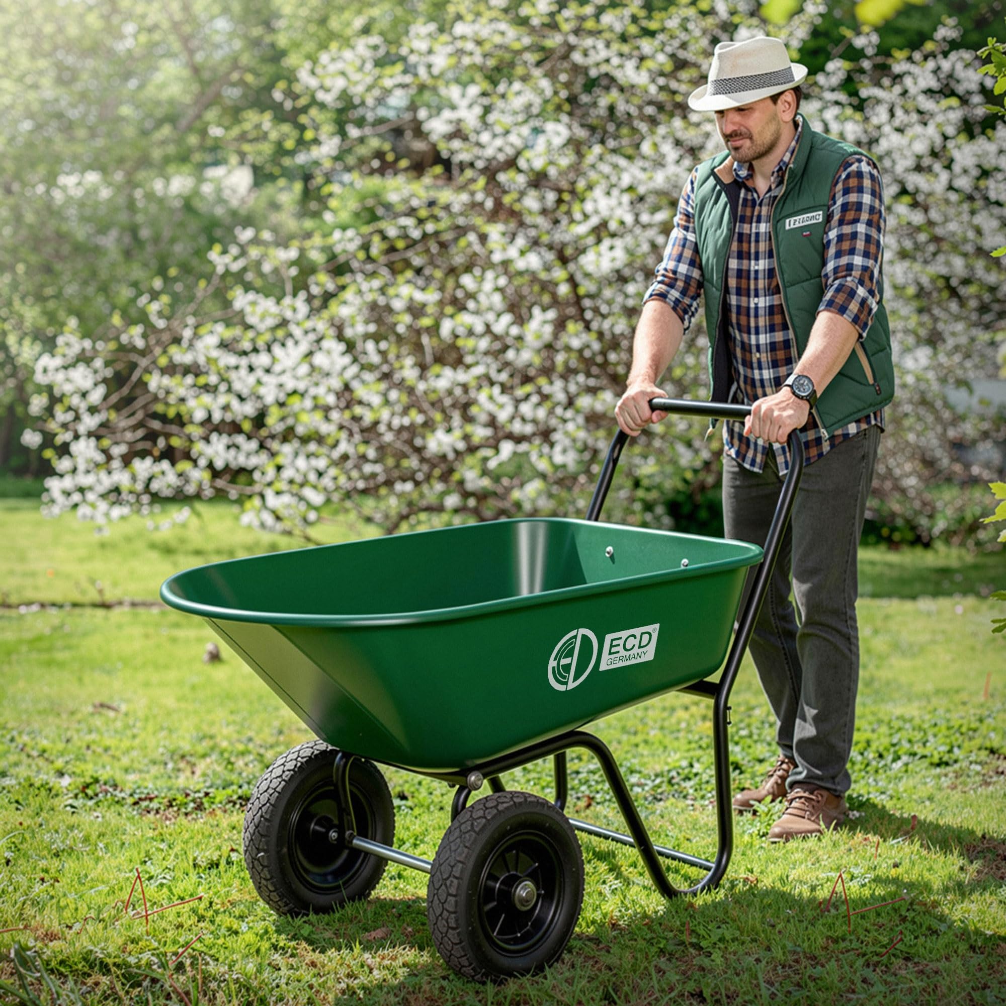 ECD Germany Schubkarrenwagen 78L, Gartenkarre mit Kippfunktion, Bauschubkarre mit Stahlrahmen, 2x PU-Reifen & PP-Wanne, 100 kg Tragkraft, Gartenschubkarre, Schiebkarre, Transportkarre für Garten & Hof