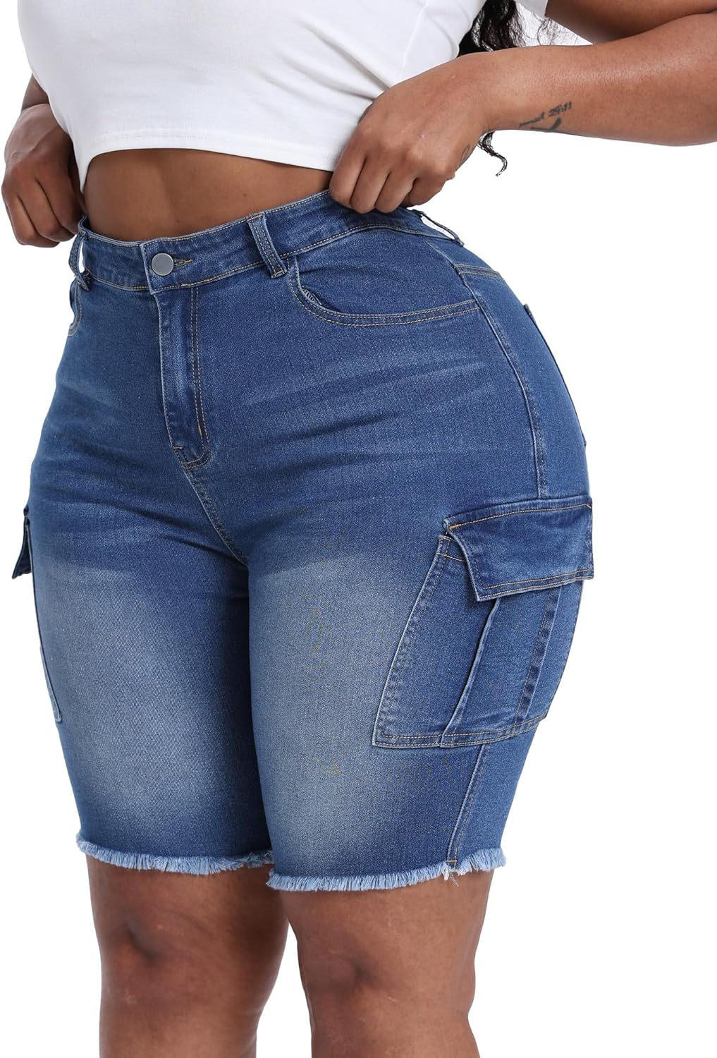 Gocolloa Womens Plus Size Jean Shorts Stretchy Cargo Bermuda Shorts High Waisted Y2k Denim Shorts