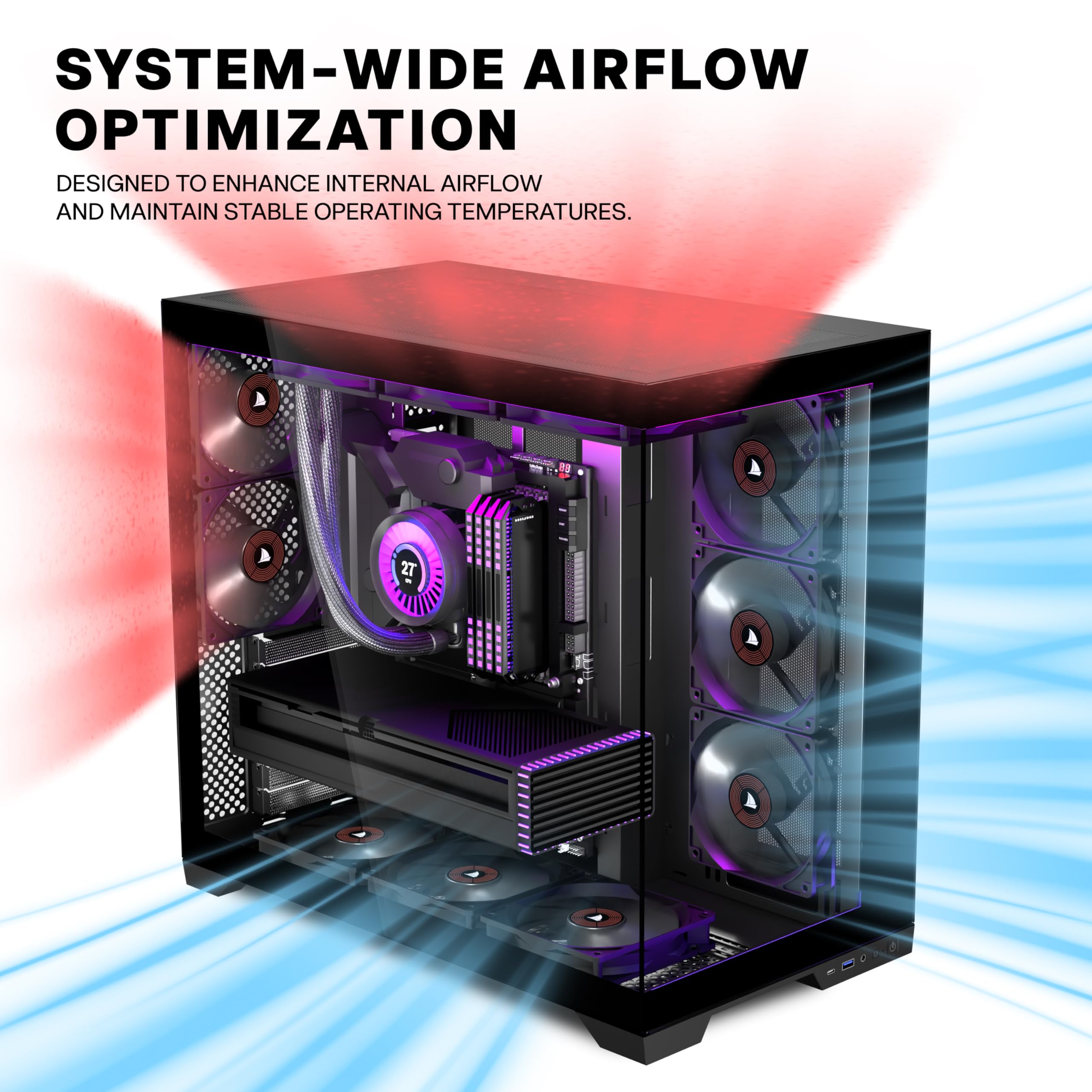 PCZZOI PC CASE ATX 5 Fans Pre-Installed, Type-C Mid Tower Computer Case with Full-View Dual Tempered Glass, Gaming PC Case,Black,K4（2026 Update Version） — view 4