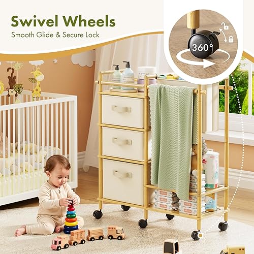 Miniatura 6 de Carrito organizador de pañales de bambú para bebé, carrito rodante de 3 niveles con divisores y cajones extraíbles, carrito de pañales para