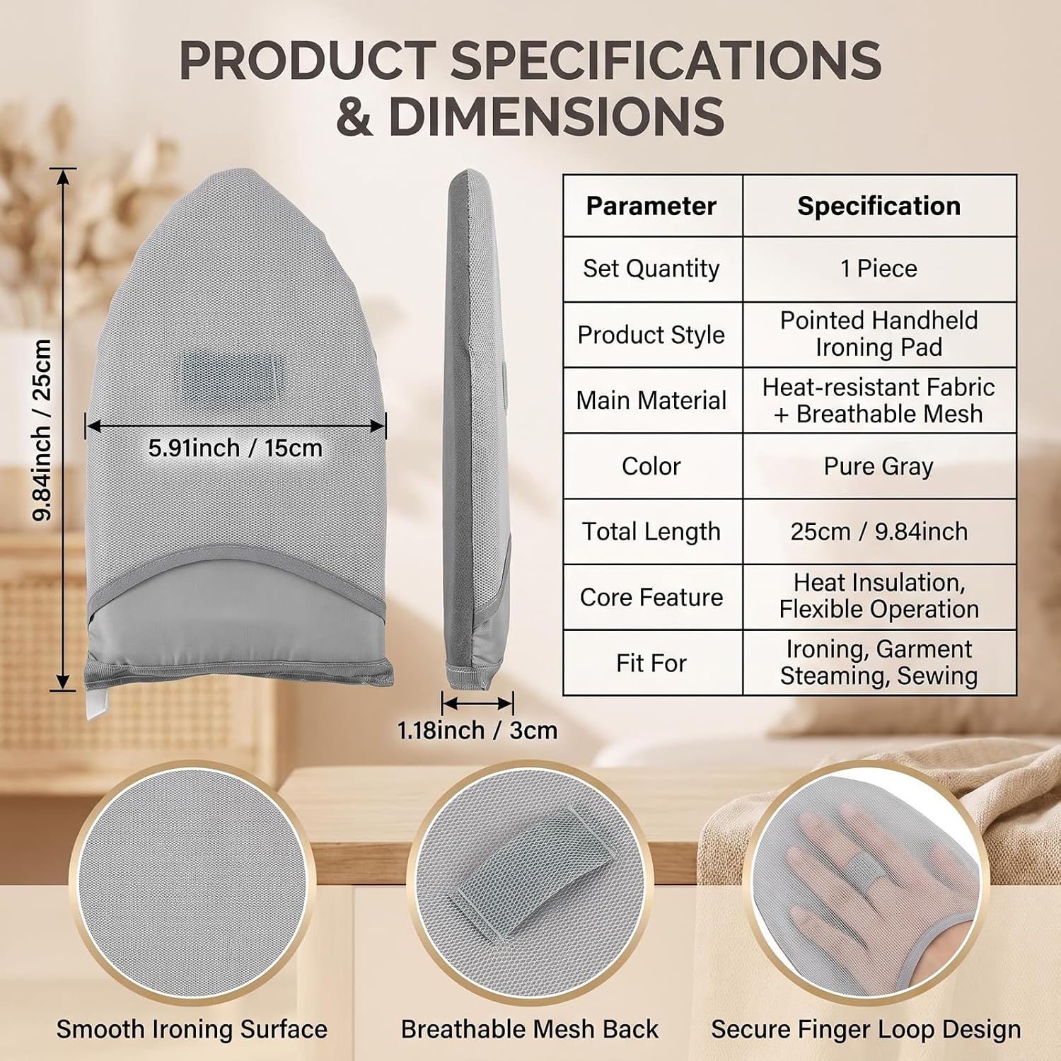 Gray Pointed Garment Steamer Hand Pad, 9.84 Inch Ironing Glove