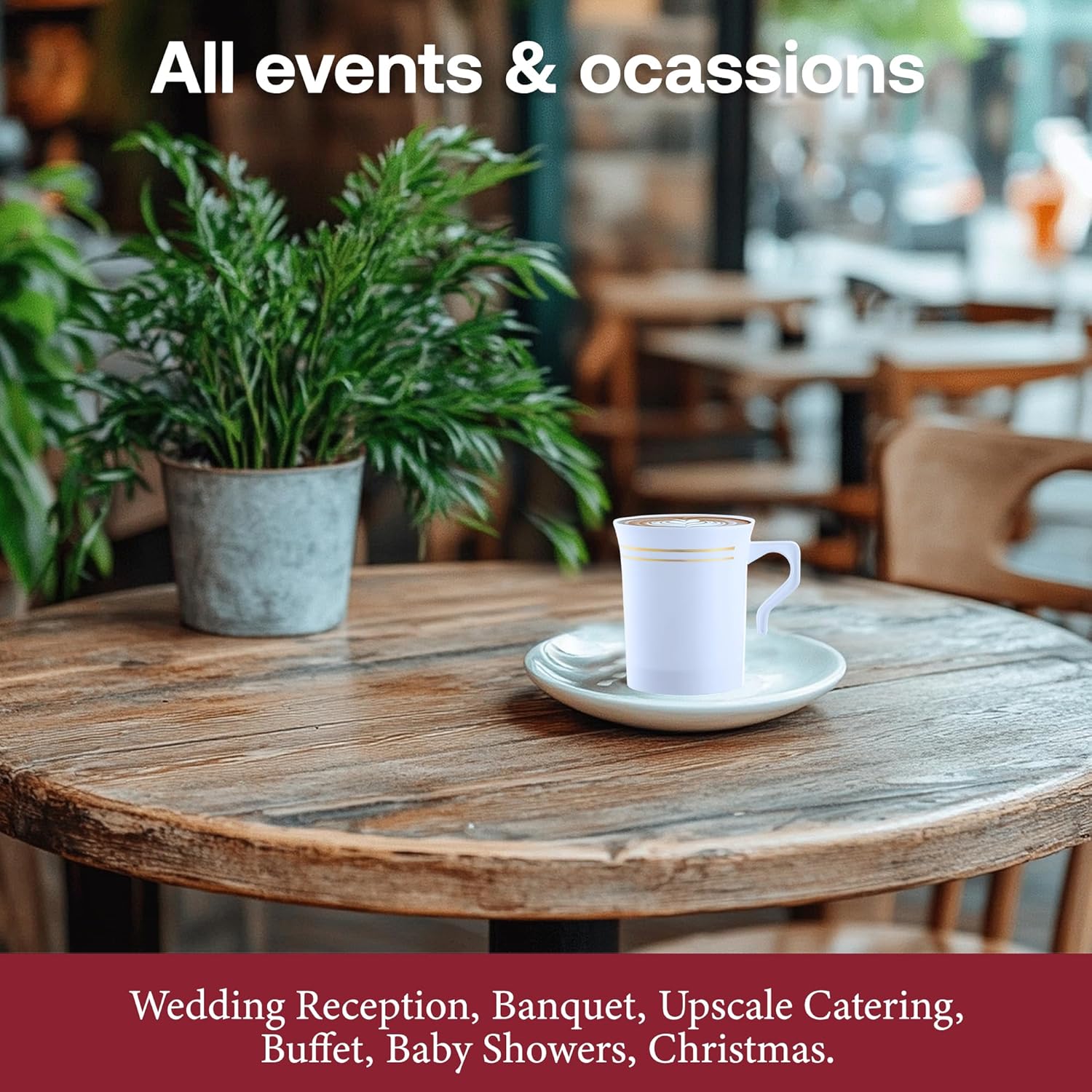 Smarty Had A Party 120 Disposable Coffee Mugs with Handles 8 oz – White with Gold Rim Plastic Coffee Cups for Hot Tea, Cocoa & Weddings – Elegant Bulk Drinkware