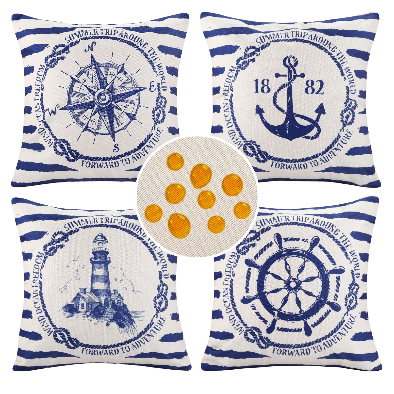 Juego de 4 Fundas de Cojín 50x50cm de Navegación Oceánica Ancla Faro Brújula Timón Vintage Fundas de Almohada con Rayas Azules undas Cojines de Lino de Algodón Impermeable con Cremallera Invisible