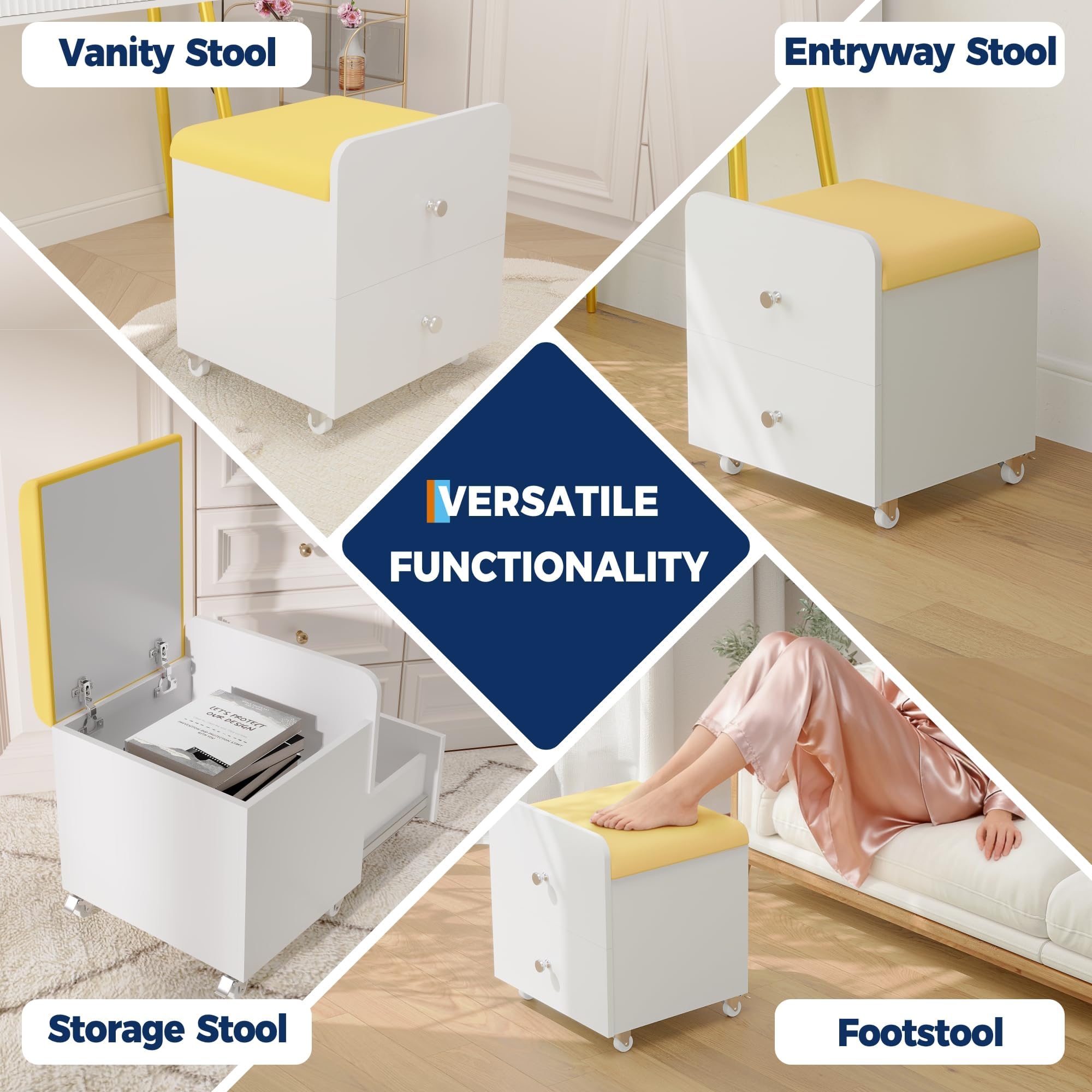 Zstar Moderner Schminktisch-Hocker mit Stauraum – Gepolsterter PU-Stuhl mit Schublade & Rollen, multifunktional als Sitzbank oder Fußhocker, platzsparend & elegant – Farbe: Gelb+Weiß