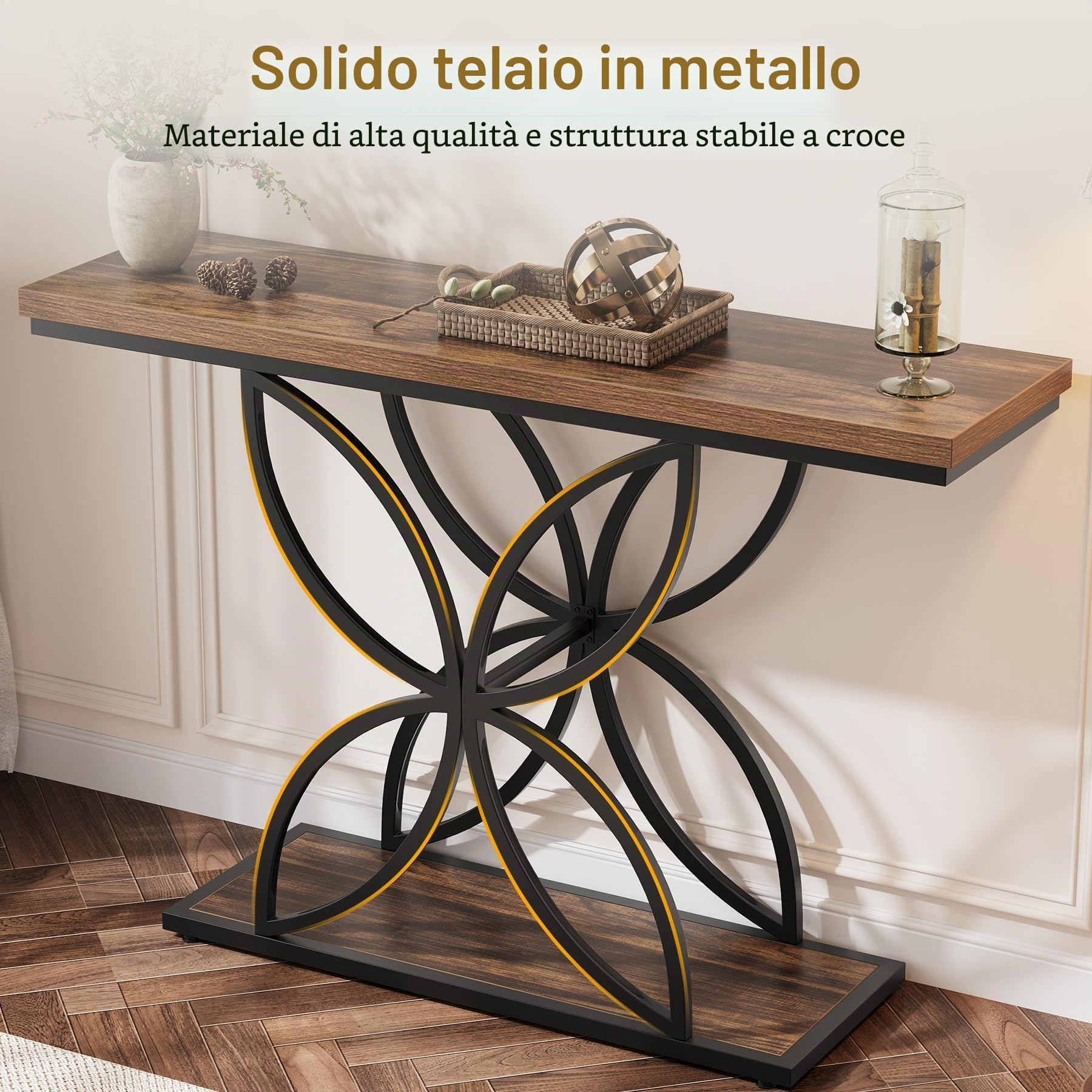 Tribesigns Tavolo consolle industriale, per l'ingresso, tavolo da 47 pollici con unico piede in metallo a forma di farfalla, tavolino da ingresso per ingresso, corridoio, marrone rustico e nero