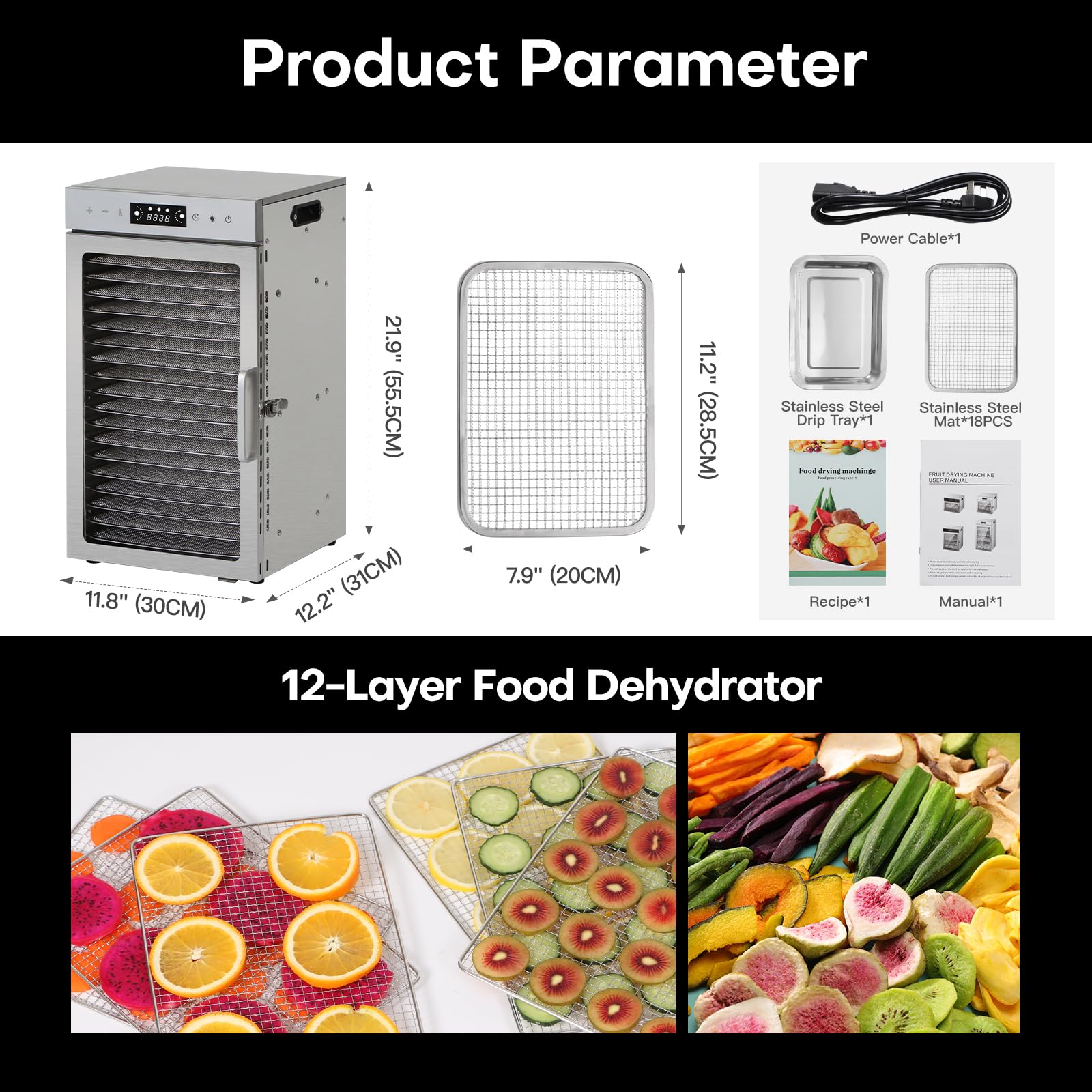 Panana Food Dehydrator Machine, Dehydrators for Jerky, Stainless Steel Dehydrater for Fruits, Vegetables, Herbs, Mushroom, Dog Treats, Dehydrators Christmas Gift, New Year Gift (New-18 Trays)