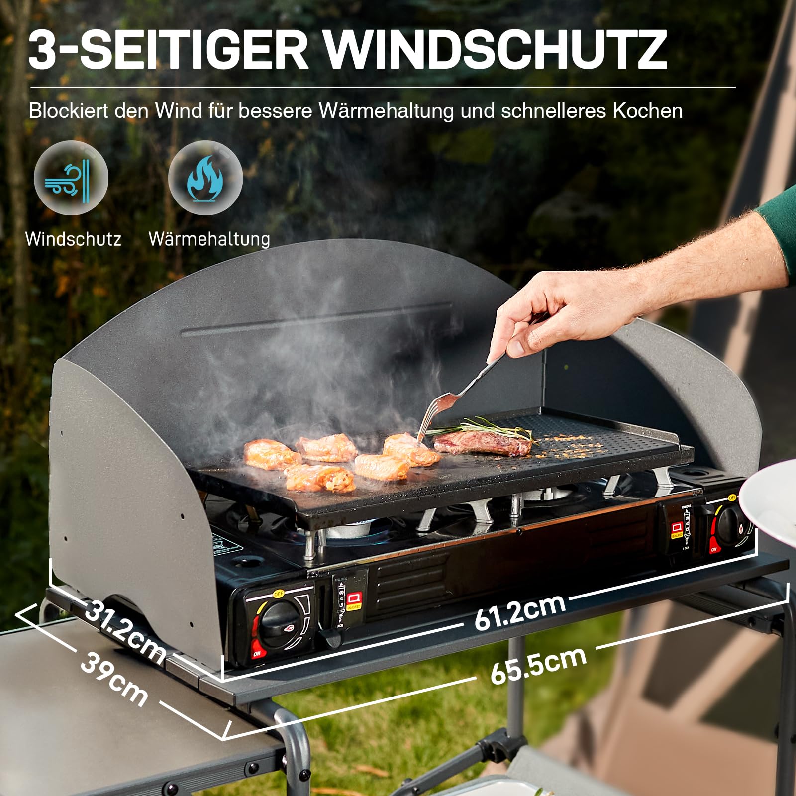Ever Advanced Campingküche faltbar mit Windschutz Campingschrank klappbar mit 3 Tischplatte Bewahrungstasche Faltküche mit Tragetasche geeignet für Camping Garten Wohnwagen Familie