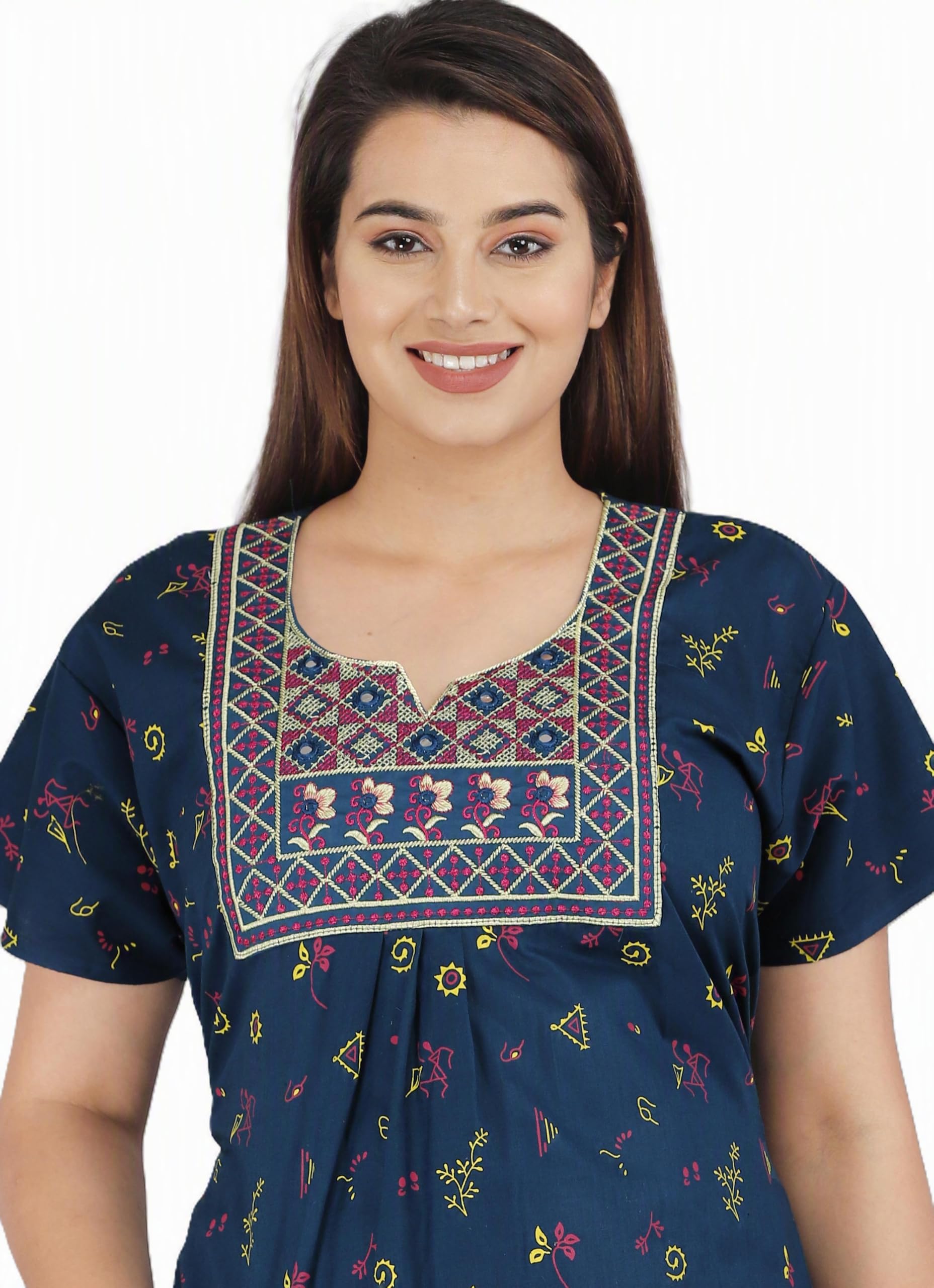 diamo Pure Cotton Embroidery Nighty for Women | Night Gown | Nightdress | Maxi | Sleepwear | Jaipuri Nighty with a Pocket and Adjustable Knot (Free Size)-picture-2
