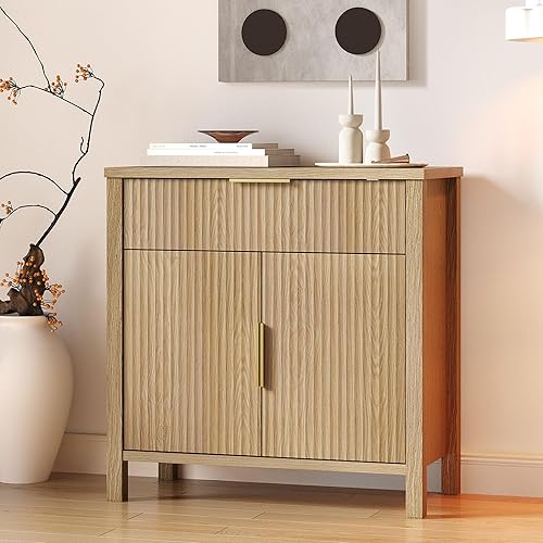 Fluted Buffet Cabinet with Drawers,32'' Sideboard Storage Cupboard Adjustable Shelves for Dinning Room, Kitchen, Living Room,Coffee Bar (32''-Wood)