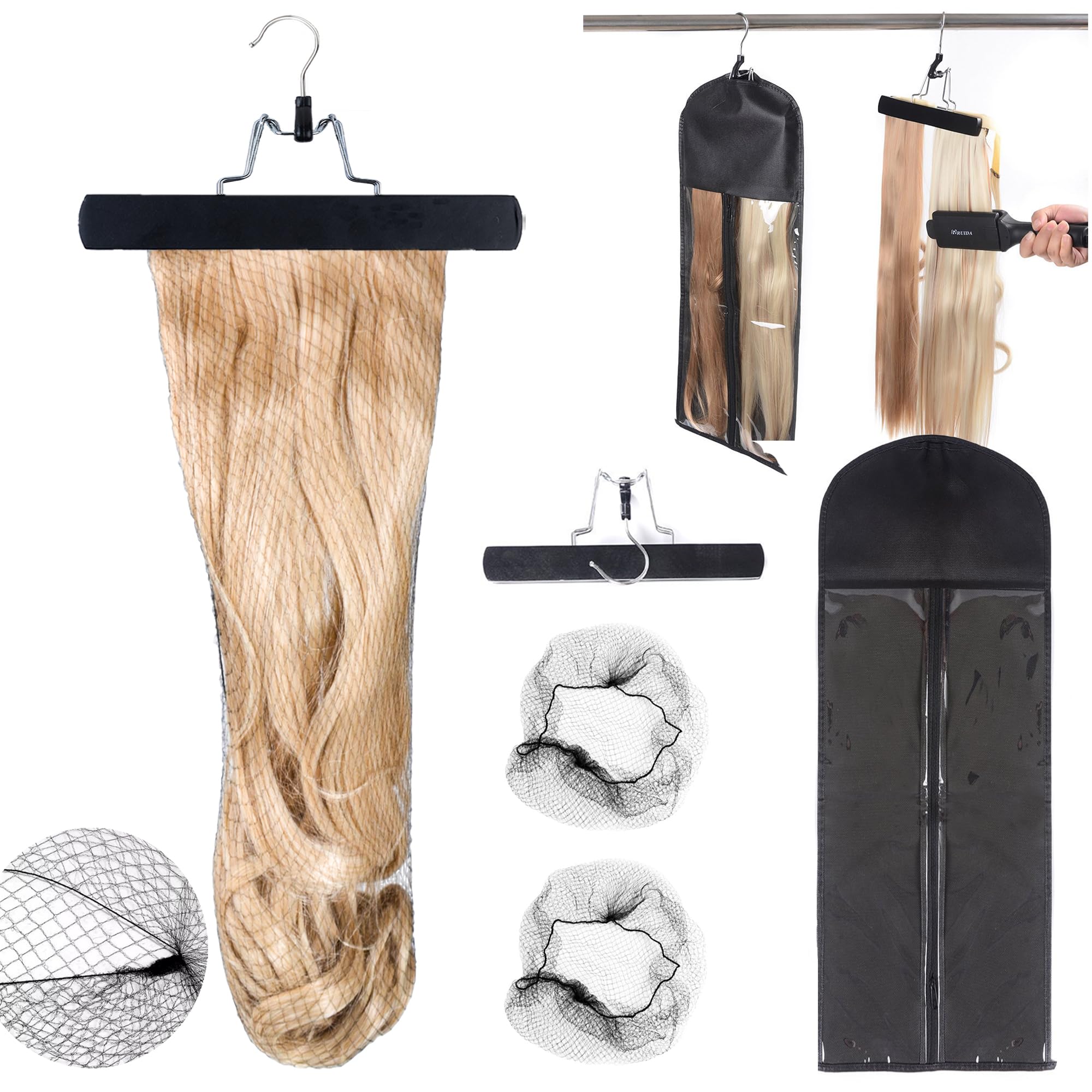 Modpion Extra Long Hair Extension Hanger Kit Double Side Anti-Slip Hair Extension Holder with Long Portable Protection Suit Bag (Black)