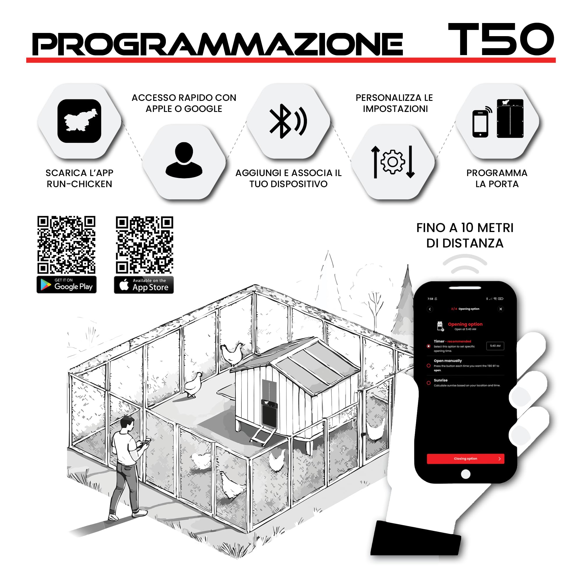 RUN-CHICKEN Porta T50 – sportello automatico per polli in alluminio, a batteria e resistente alle intemperie, controllo tramite app e timer, sicuro dai predatori, installazione semplice, prestazioni
