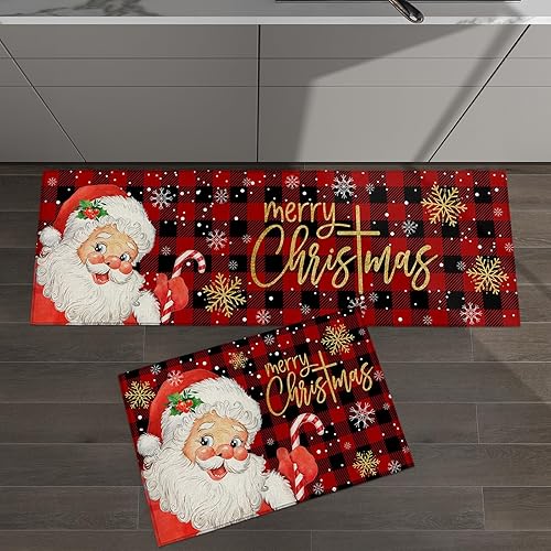 Miniatura 8 de Alfombra de camino de cocina, tapete de camino de Navidad, Papá Noel, rojo, negro, búfalo, copos de nieve, Navidad, invierno, antideslizante, tapete