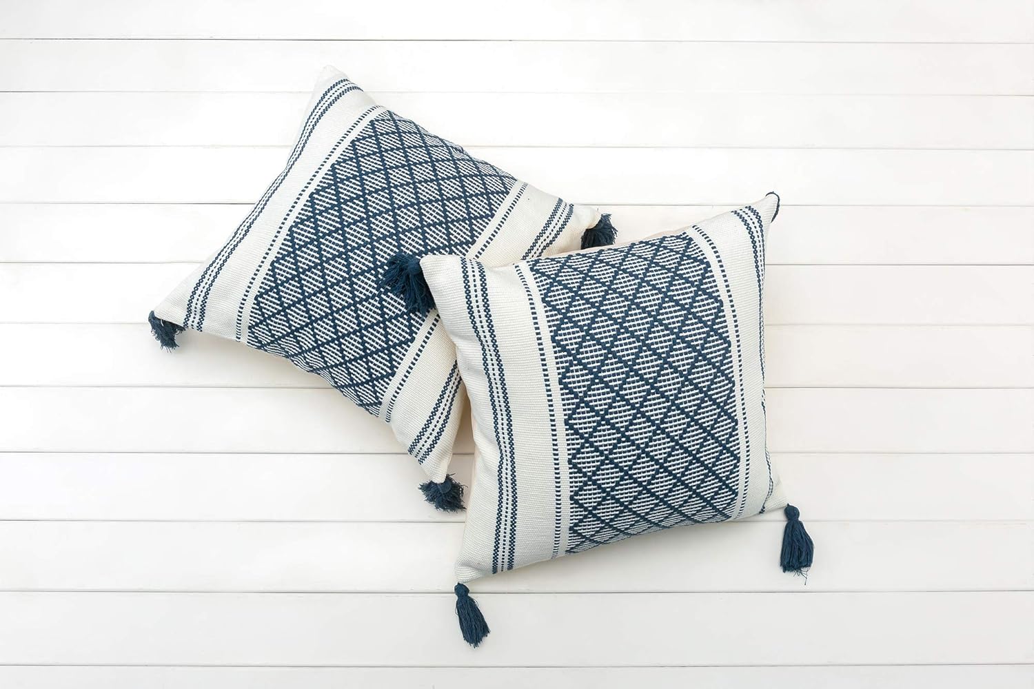 Set of 2 Boho Neutral Decorative Throw Pillow Covers 18x18 Inch, Cotton Woven Diamond Jacquard Pattern Pillow Cases for Couch Sofa Bedroom Car, Modern Accent Square Pillowcase, Blue : Home & Kitchen