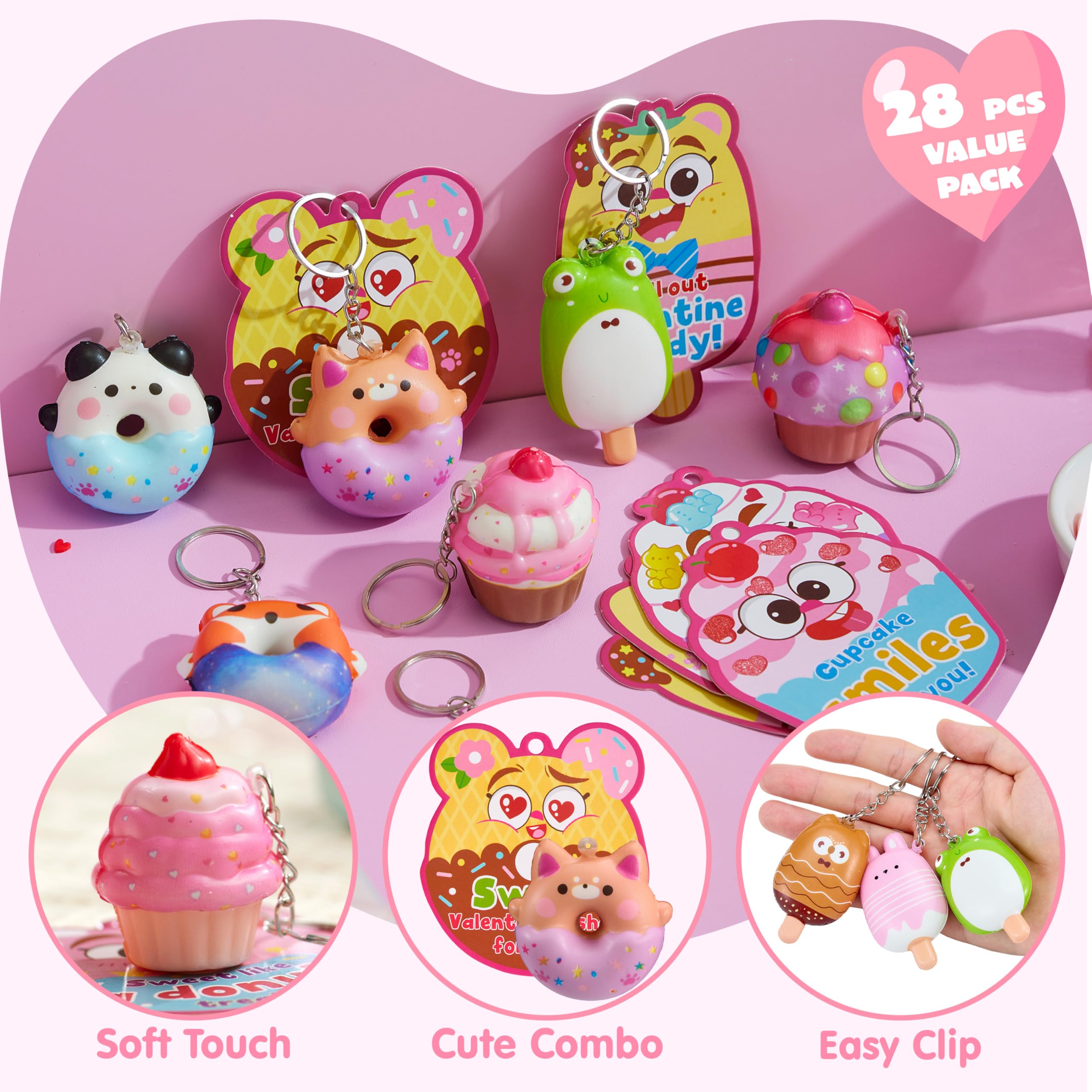 JOYIN 28 Packs Valentine Dessert squishy toys Stress Relief Keychains with Cards for Classroom Exchange Prizes, Fidget Toy Valentine’s Greeting Cards, Valentine Party Favors, Exchange Gifts: Cute