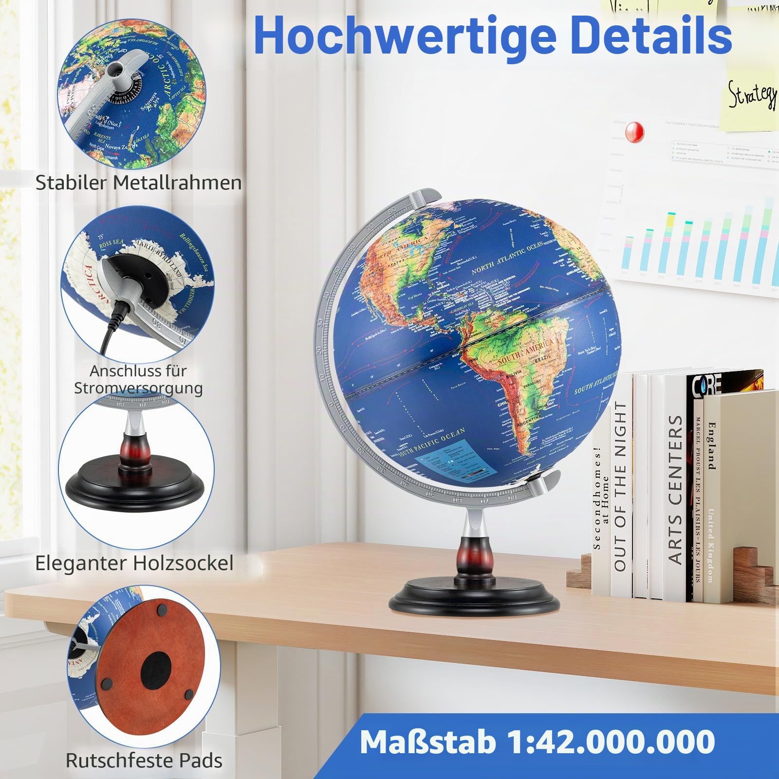 LIFEZEAL 30 cm Leuchtglobus, Beleuchteter Globus mit stabilem Standfuß, Antik-Globus mit geografischem Relief & Stundenspindeln, Geografischer Schülerglobus für Studium & Dekoration